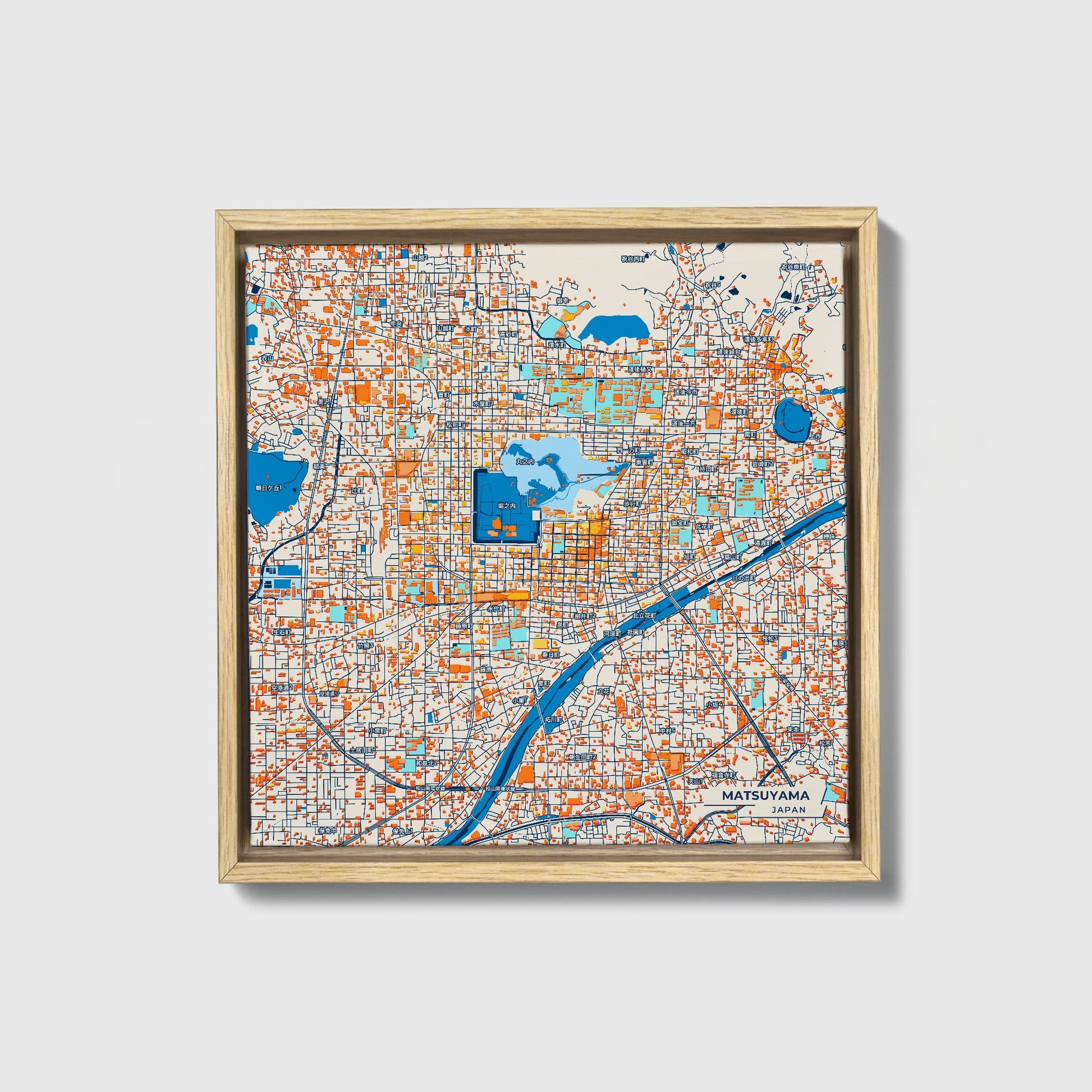 Matsuyama Japan Colorful City Map Canvas Print • Natural Wooden Framed