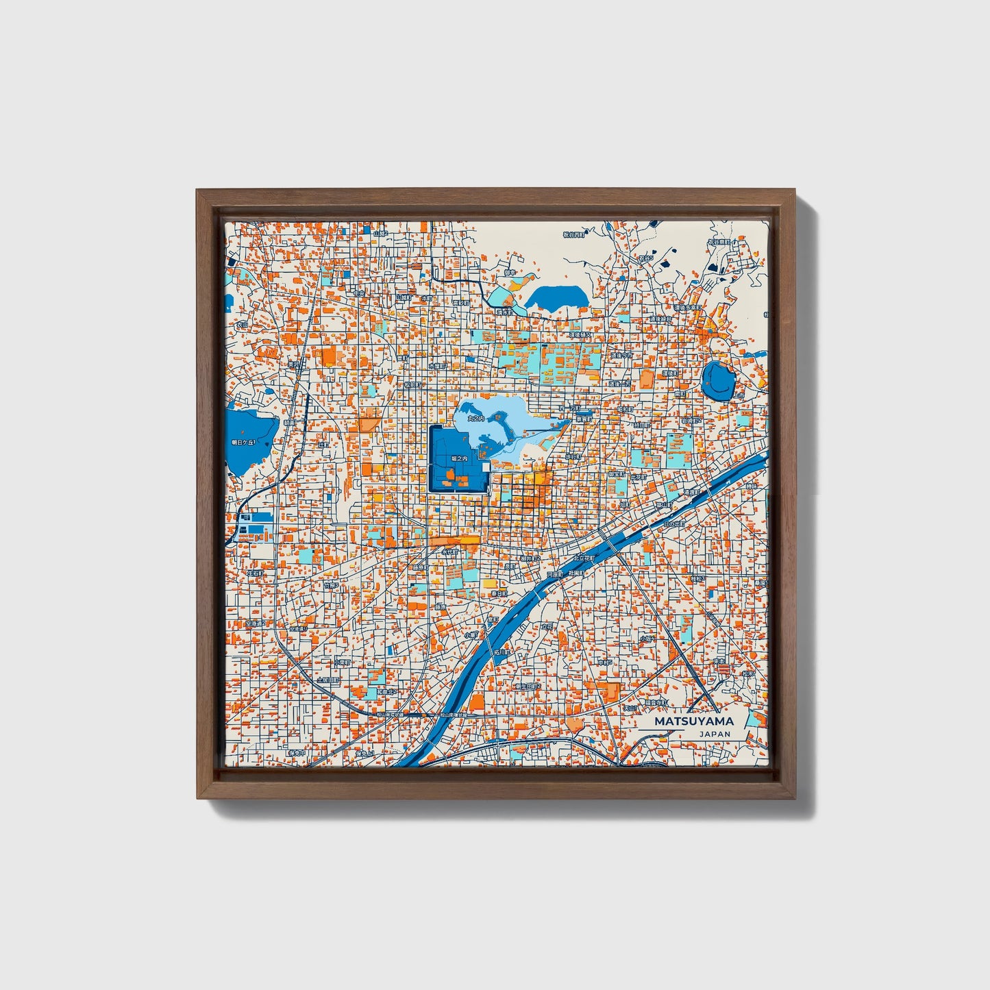 Matsuyama Japan Colorful City Map Canvas Print • Dark Wooden Framed