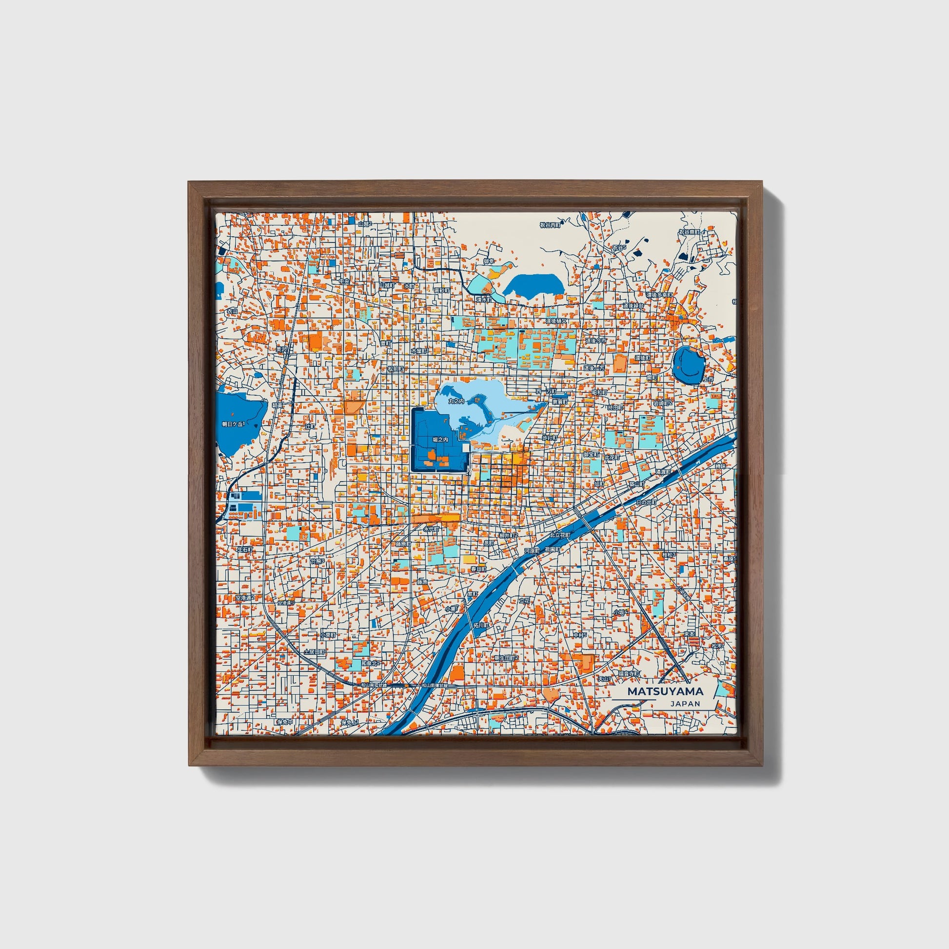 Matsuyama Japan Colorful City Map Canvas Print • Dark Wooden Framed