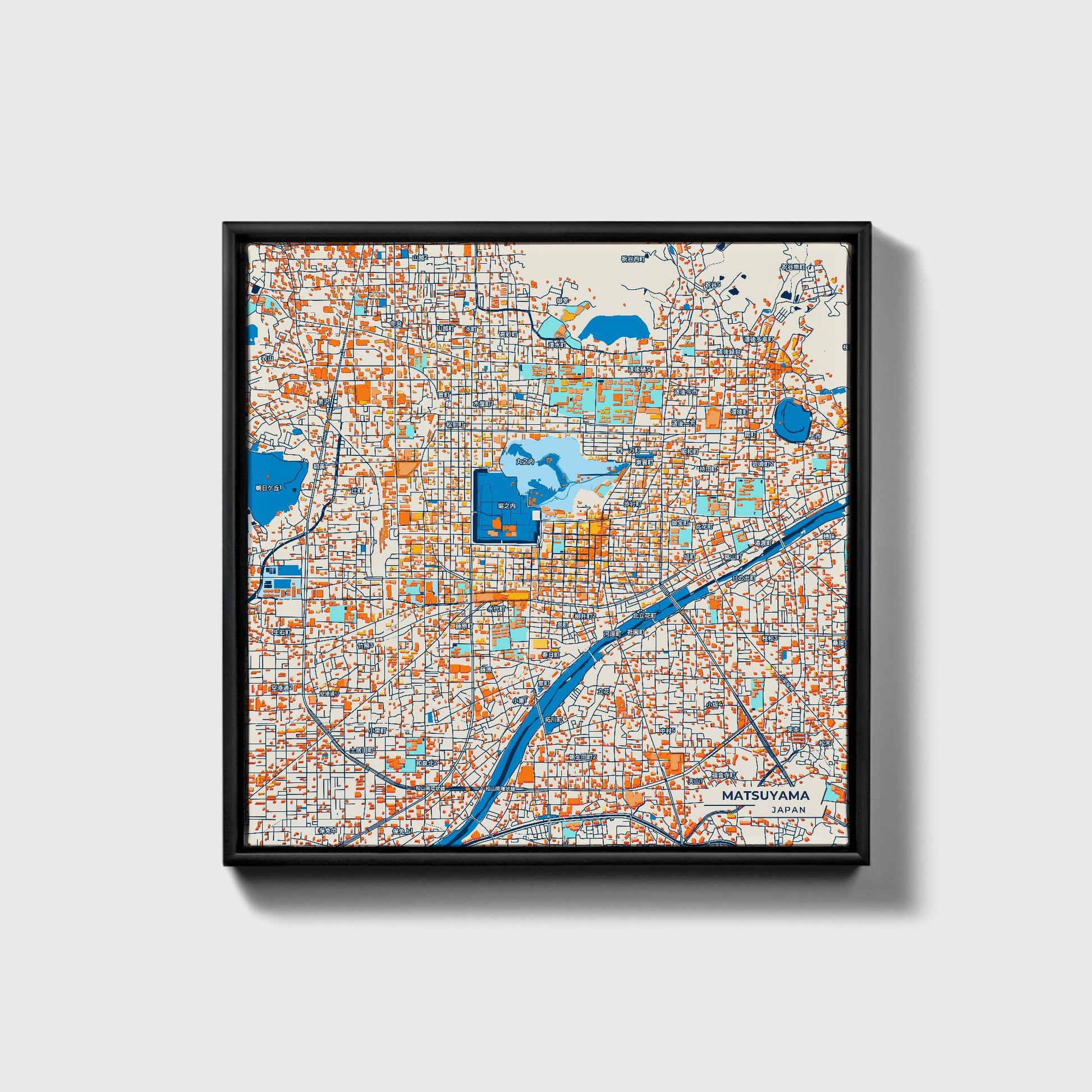 Matsuyama Japan Colorful City Map Canvas Print • Black Framed
