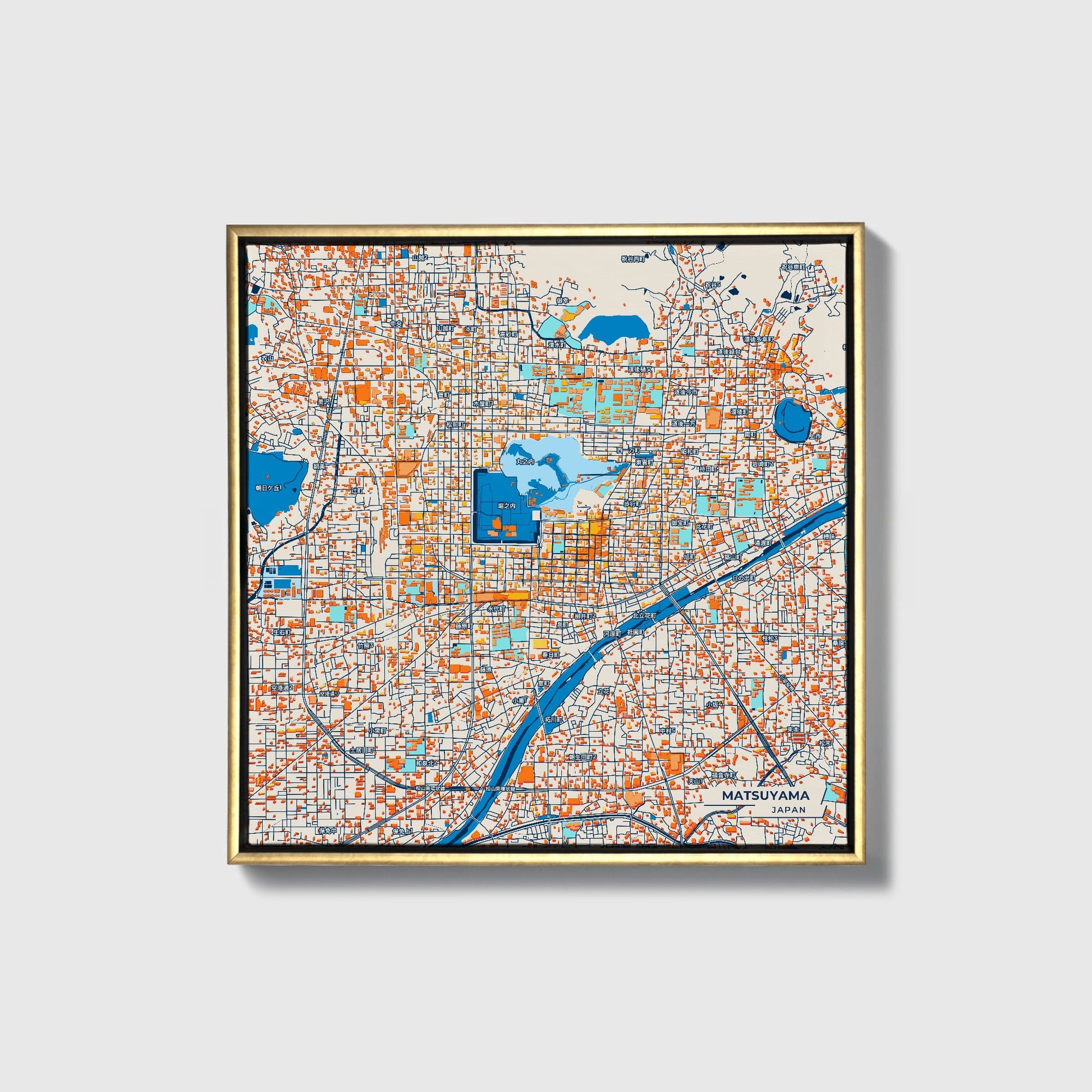 Matsuyama Japan Colorful City Map Canvas Print • Gold Framed
