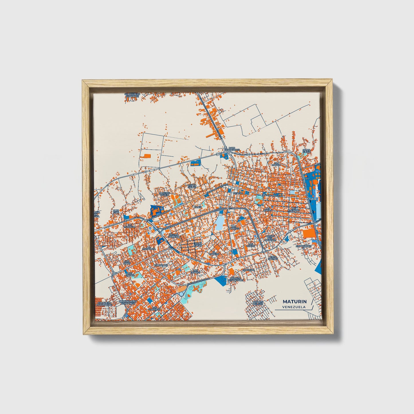 Maturin Venezuela Colorful City Map Canvas Print • Natural Wooden Framed