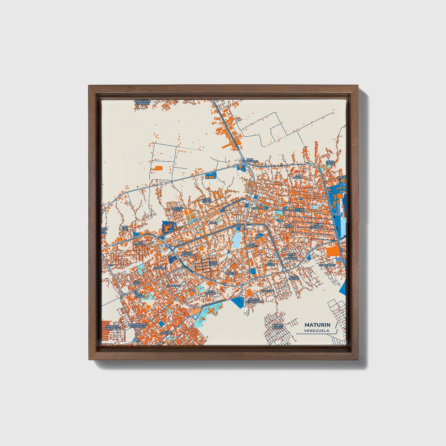 Maturin Venezuela Colorful City Map Canvas Print • Dark Wooden Framed