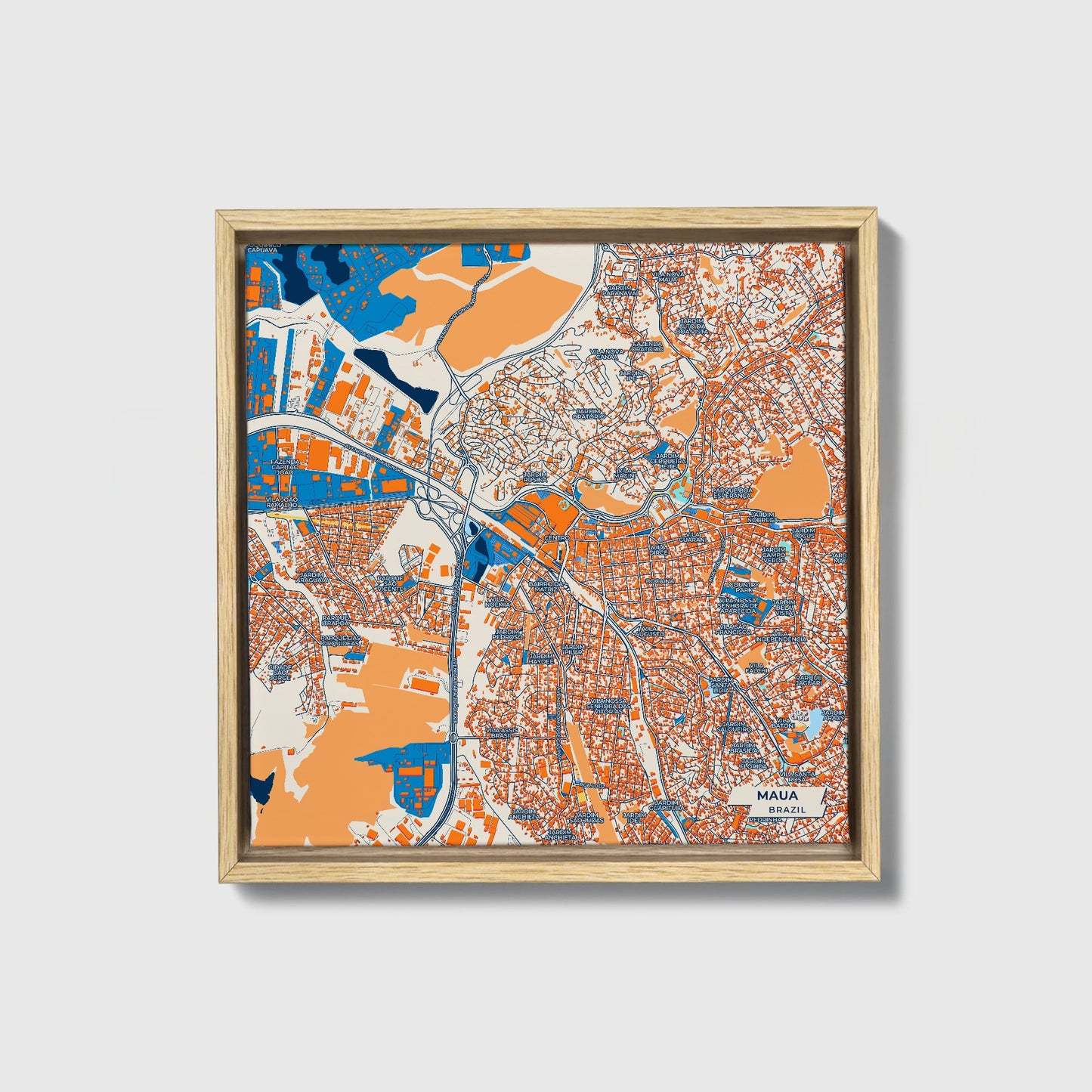 Maua Brazil Colorful City Map Canvas Print • Natural Wooden Framed