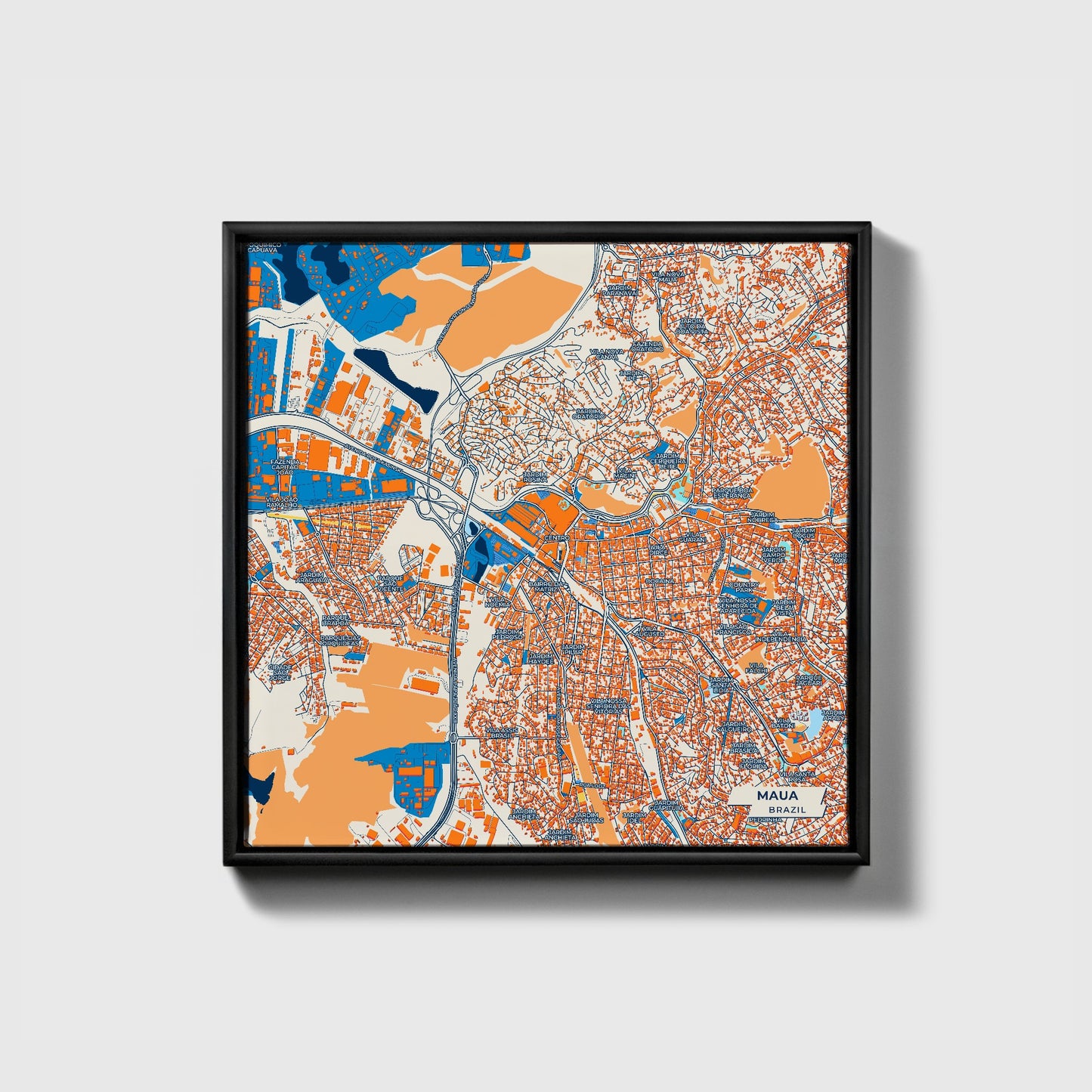 Maua Brazil Colorful City Map Canvas Print • Black Framed