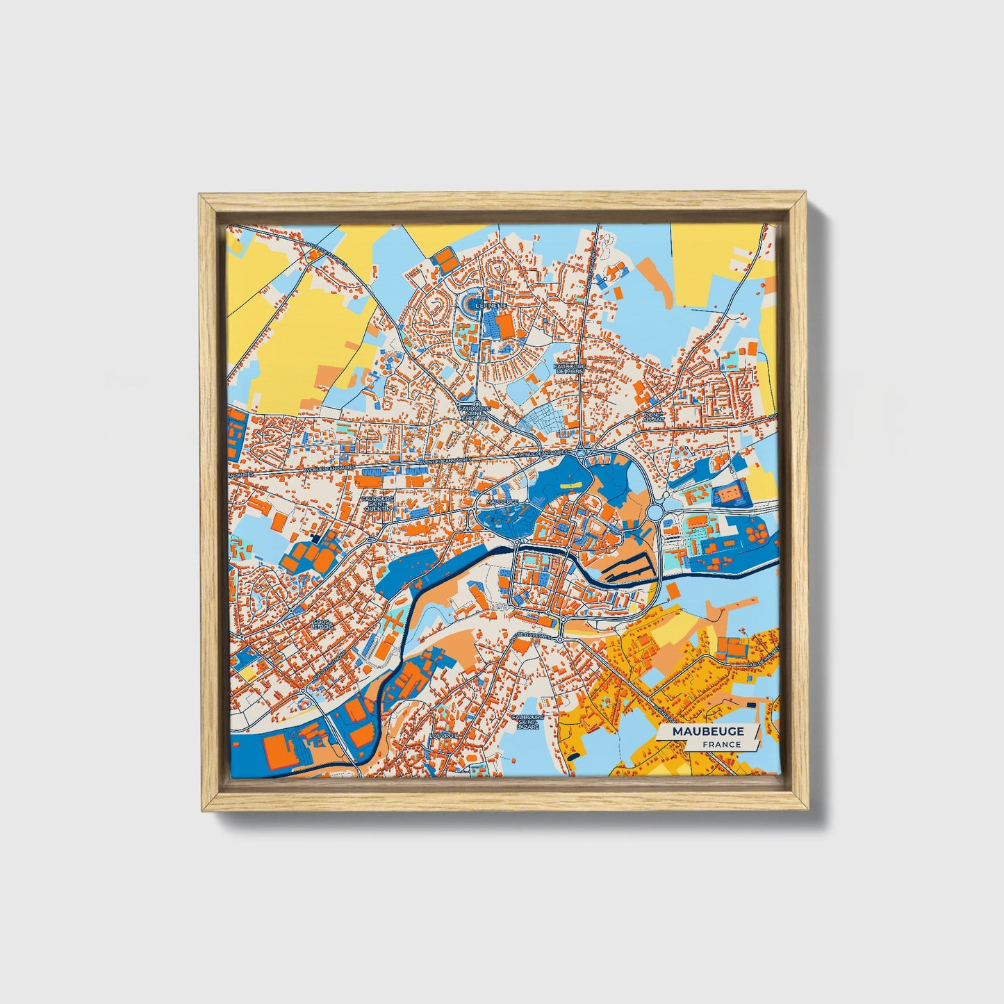 Maubeuge France Colorful City Map Canvas Print • Natural Wooden Framed