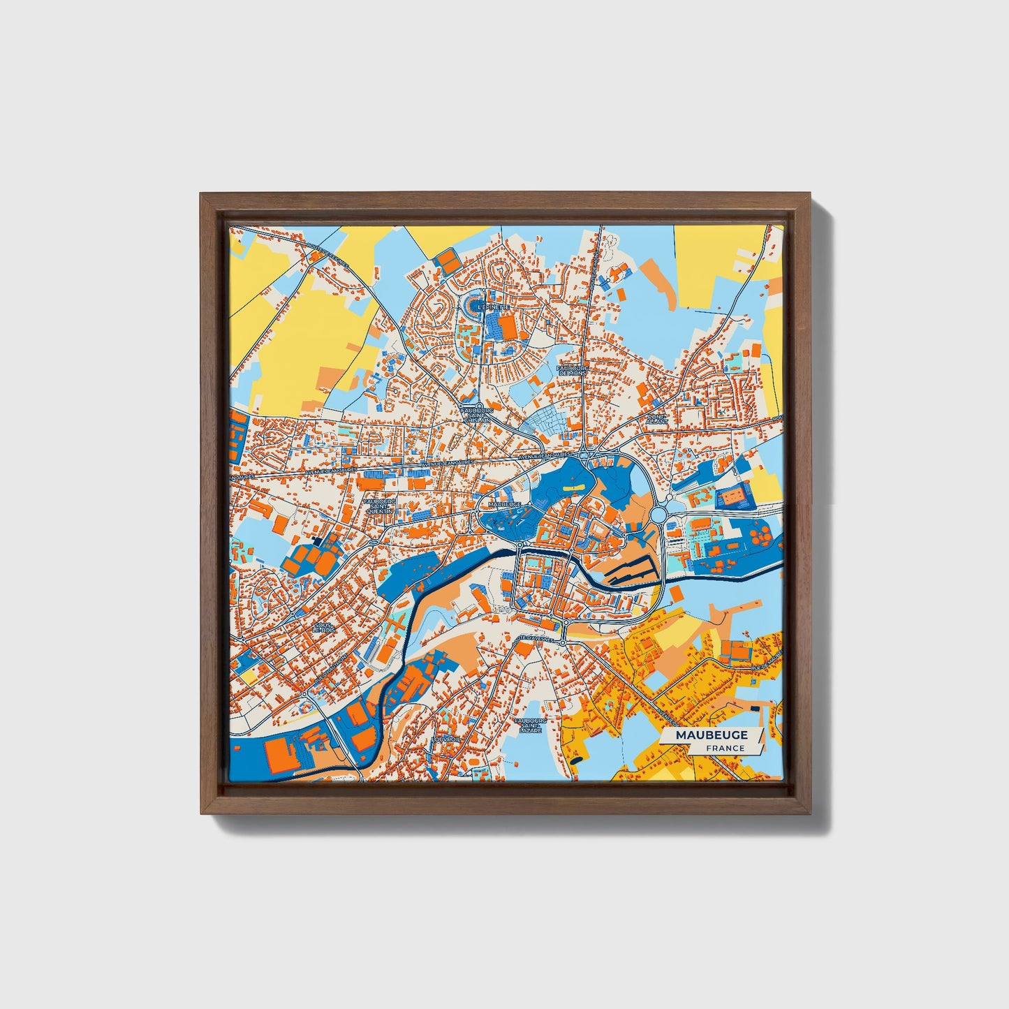 Maubeuge France Colorful City Map Canvas Print • Dark Wooden Framed
