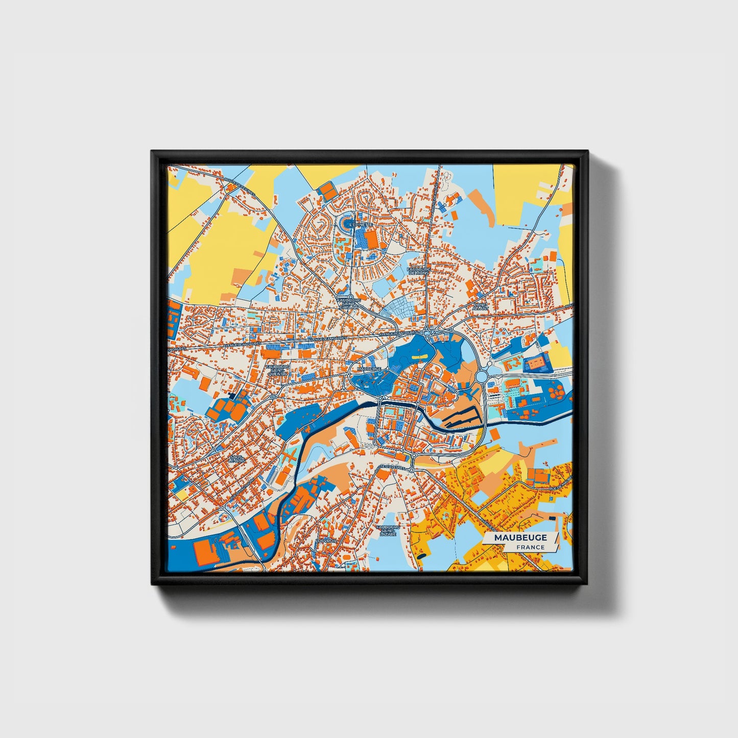 Maubeuge France Colorful City Map Canvas Print • Black Framed