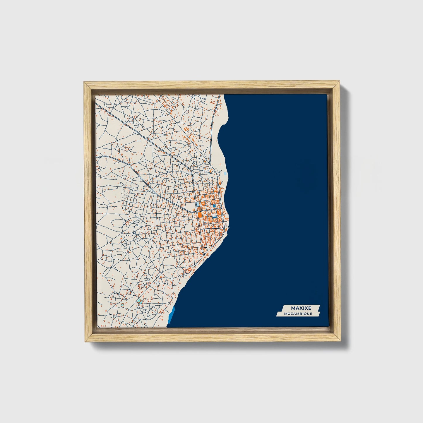 Maxixe Mozambique Colorful City Map Canvas Print • Natural Wooden Framed