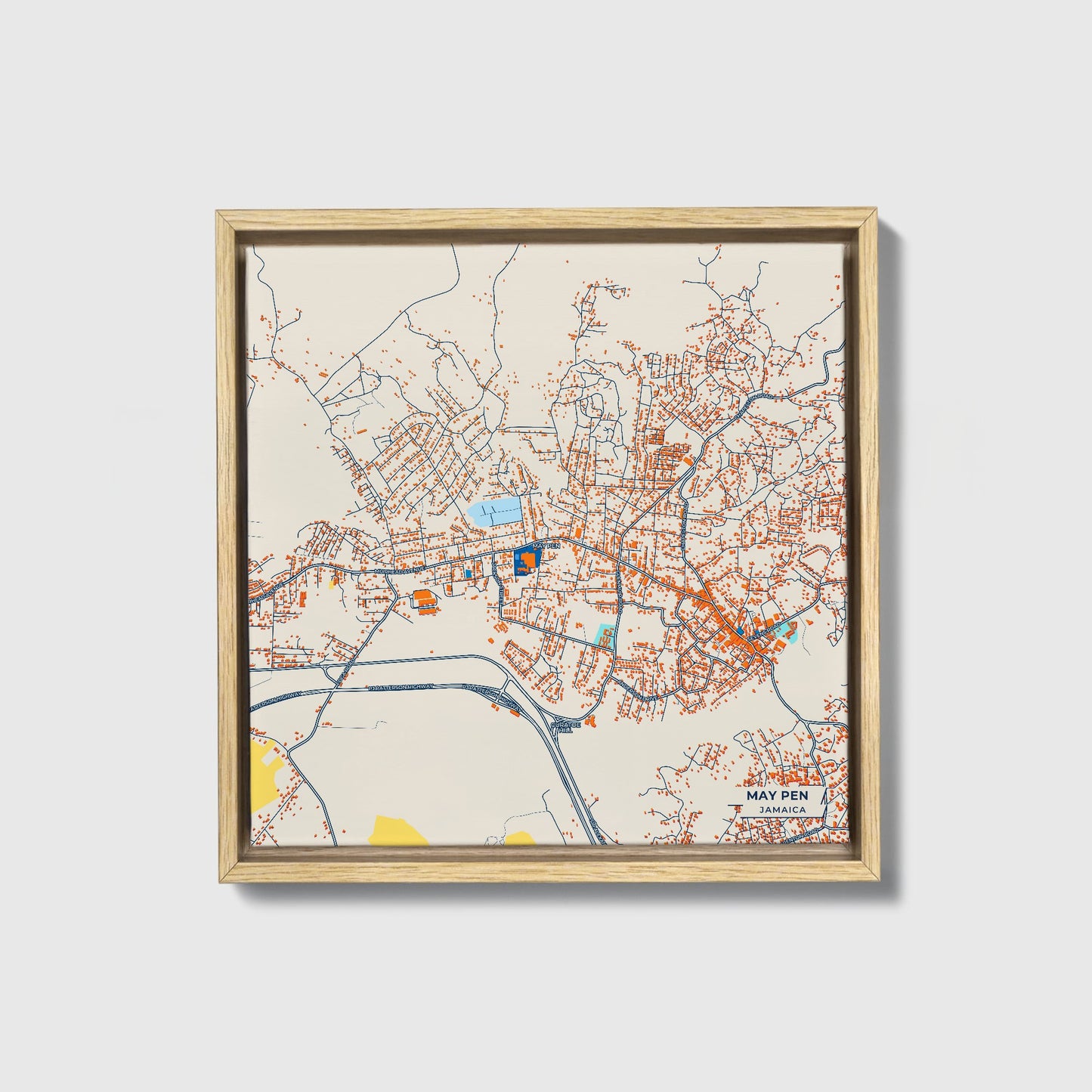 May Pen Jamaica Colorful City Map Canvas Print • Natural Wooden Framed