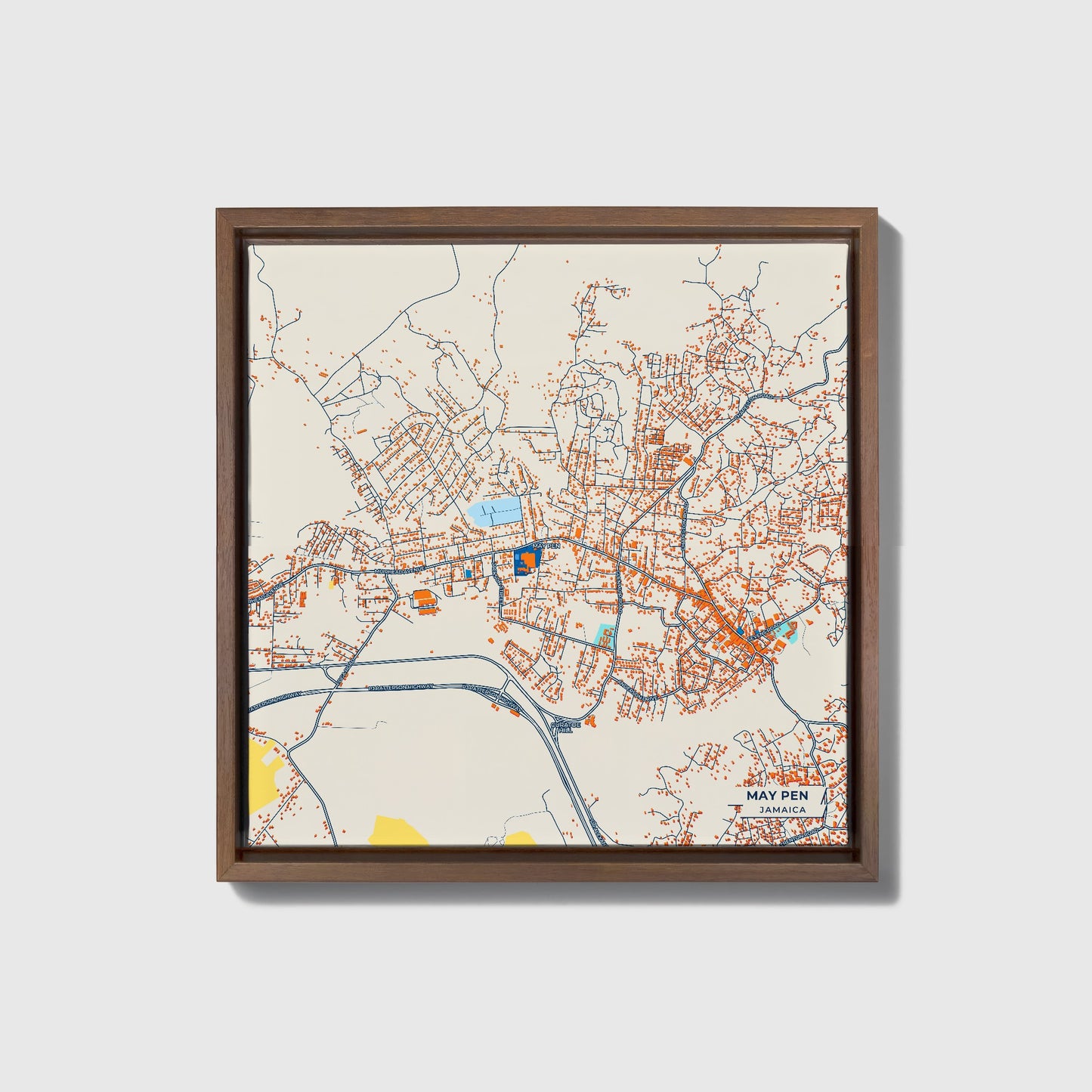 May Pen Jamaica Colorful City Map Canvas Print • Dark Wooden Framed
