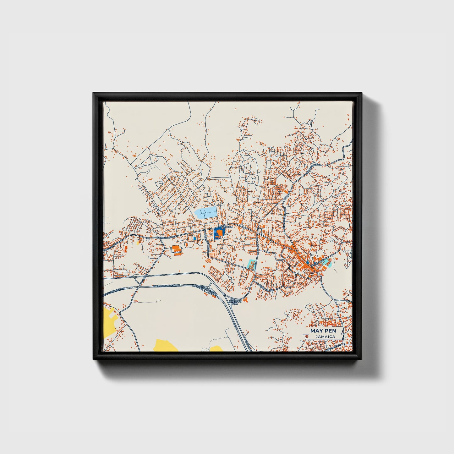 May Pen Jamaica Colorful City Map Canvas Print • Black Framed