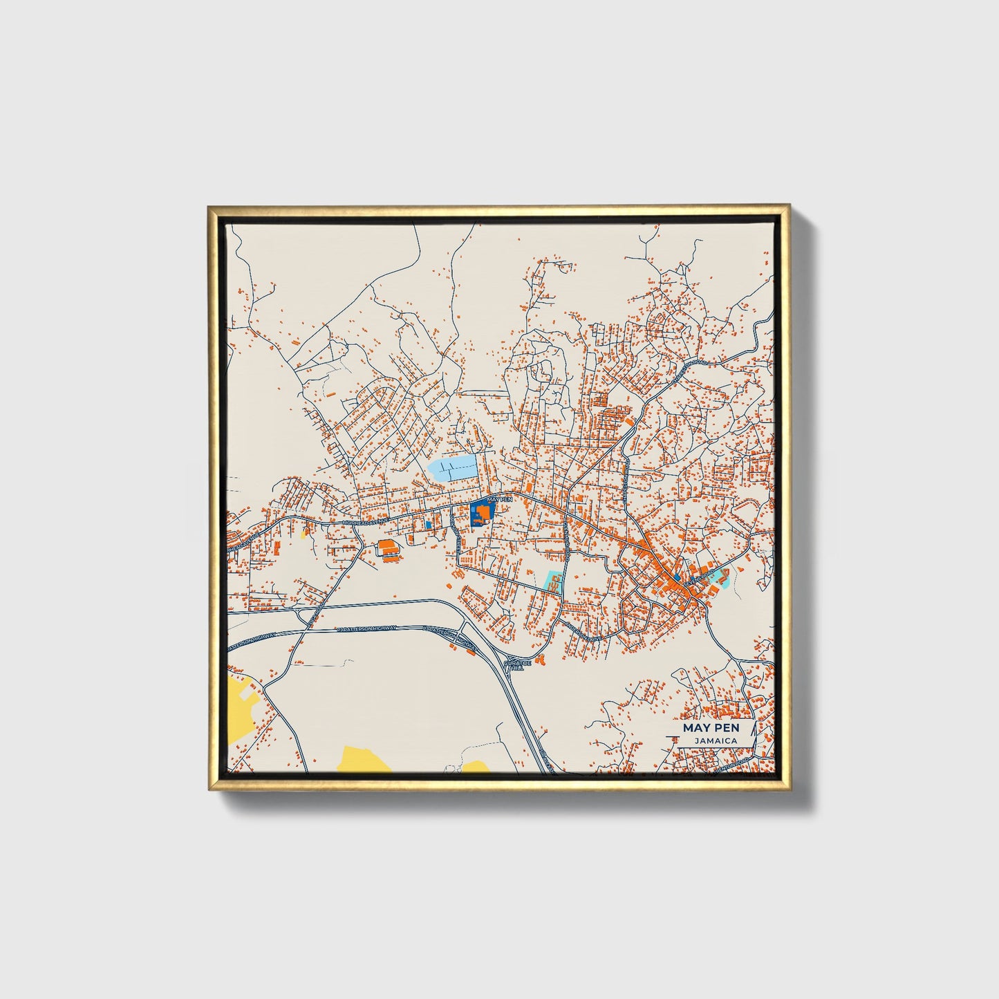 May Pen Jamaica Colorful City Map Canvas Print • Gold Framed