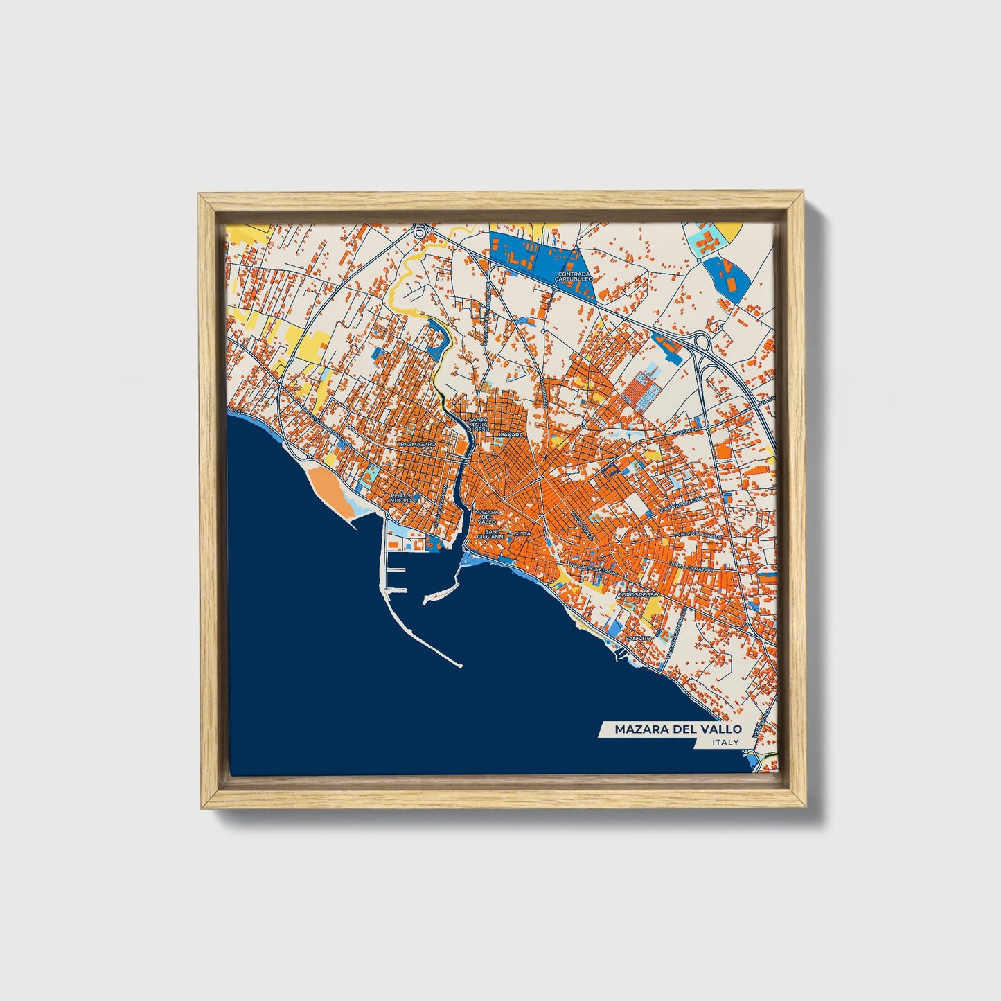 Mazara Del Vallo Italy Colorful City Map Canvas Print • Natural Wooden Framed
