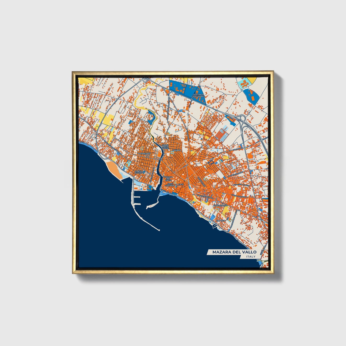 Mazara Del Vallo Italy Colorful City Map Canvas Print • Gold Framed
