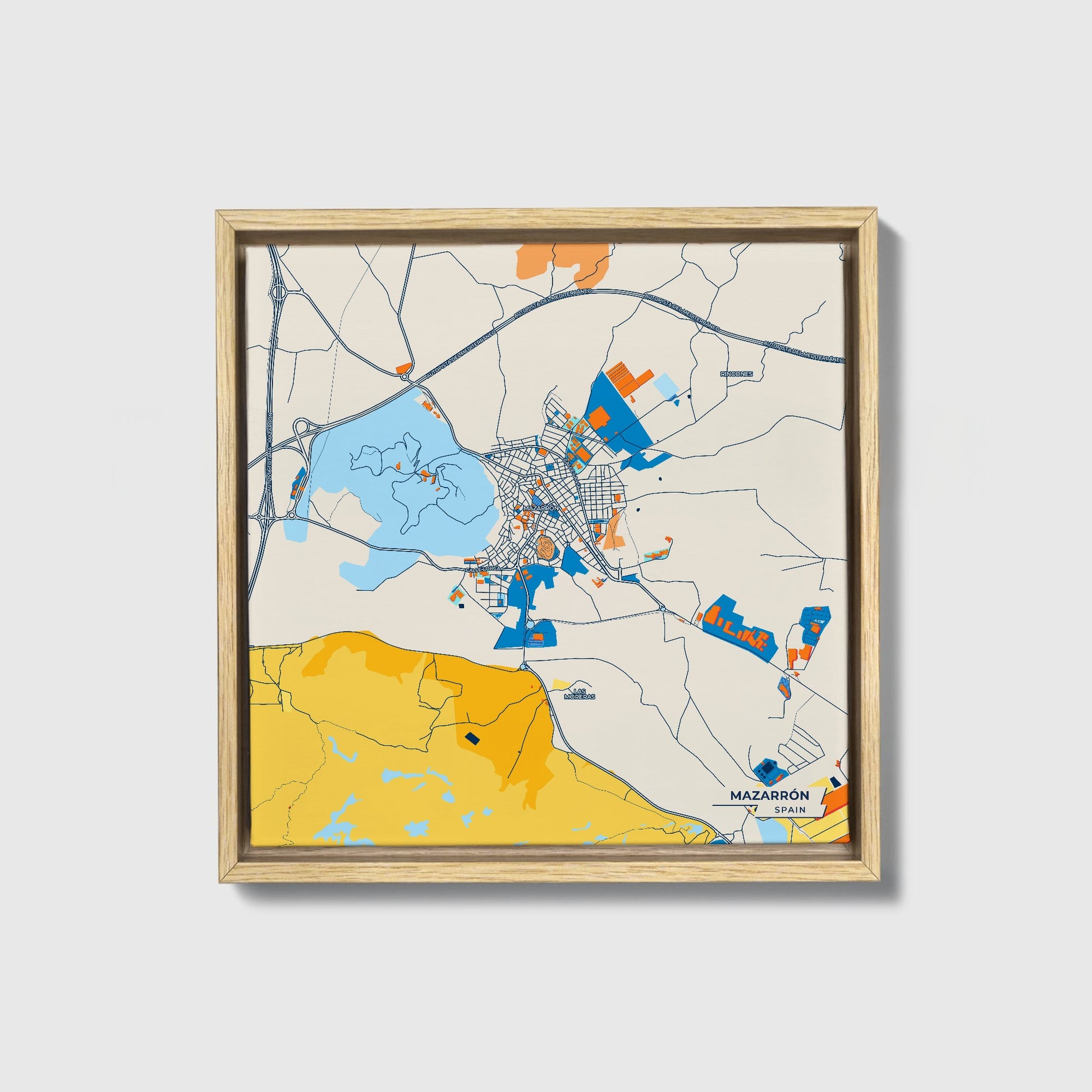Mazarrón Spain Colorful City Map Canvas Print • Natural Wooden Framed