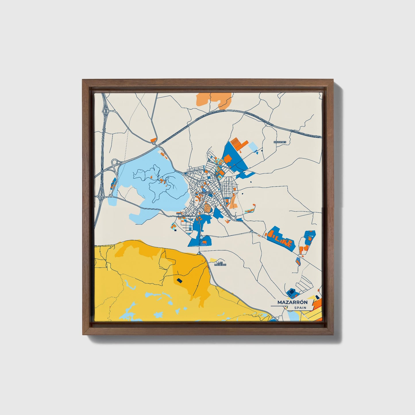 Mazarrón Spain Colorful City Map Canvas Print • Dark Wooden Framed