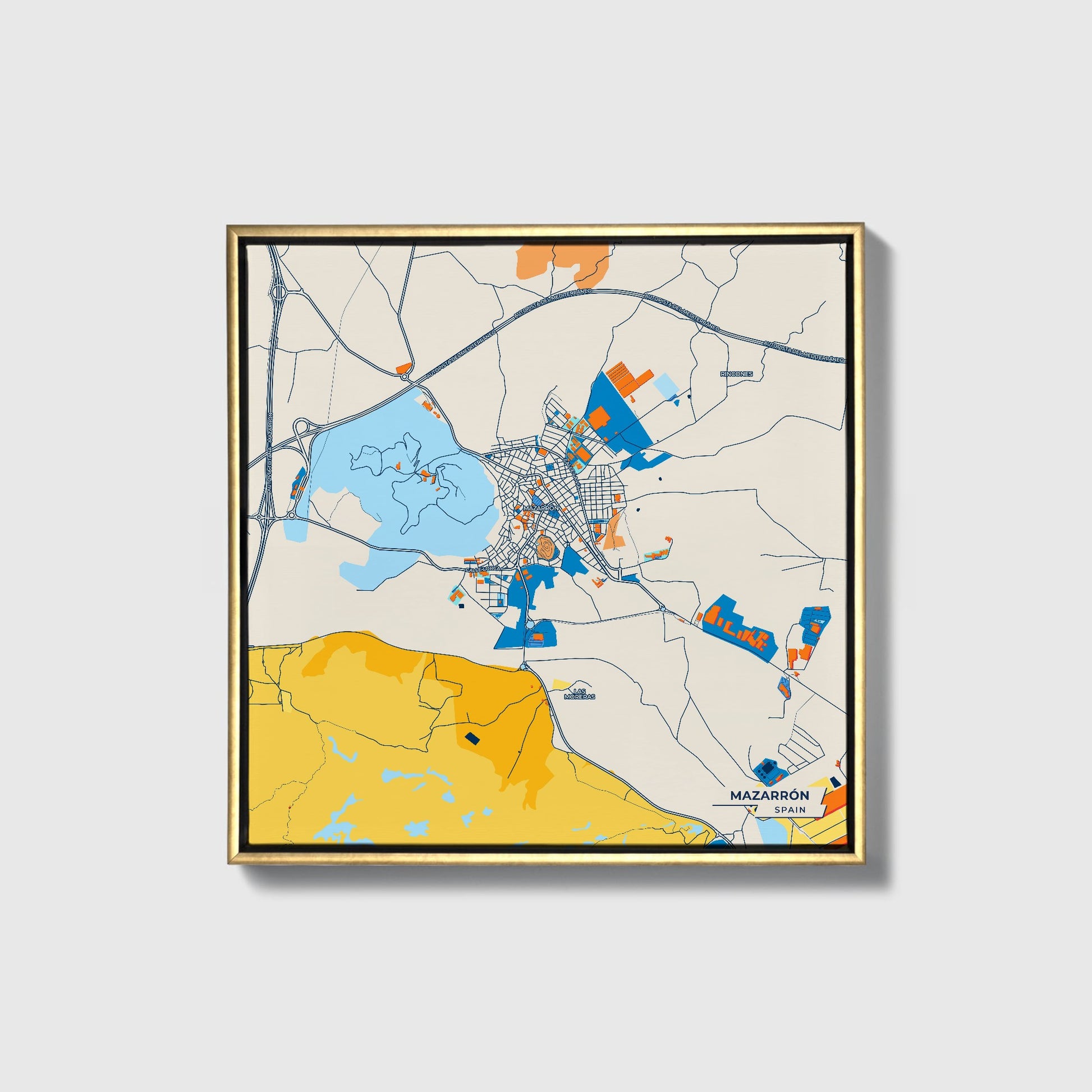 Mazarrón Spain Colorful City Map Canvas Print • Gold Framed