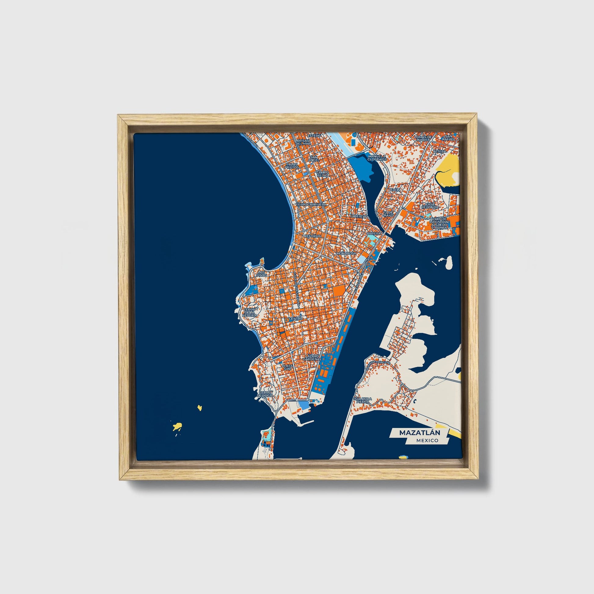 Mazatlán Mexico Colorful City Map Canvas Print • Natural Wooden Framed