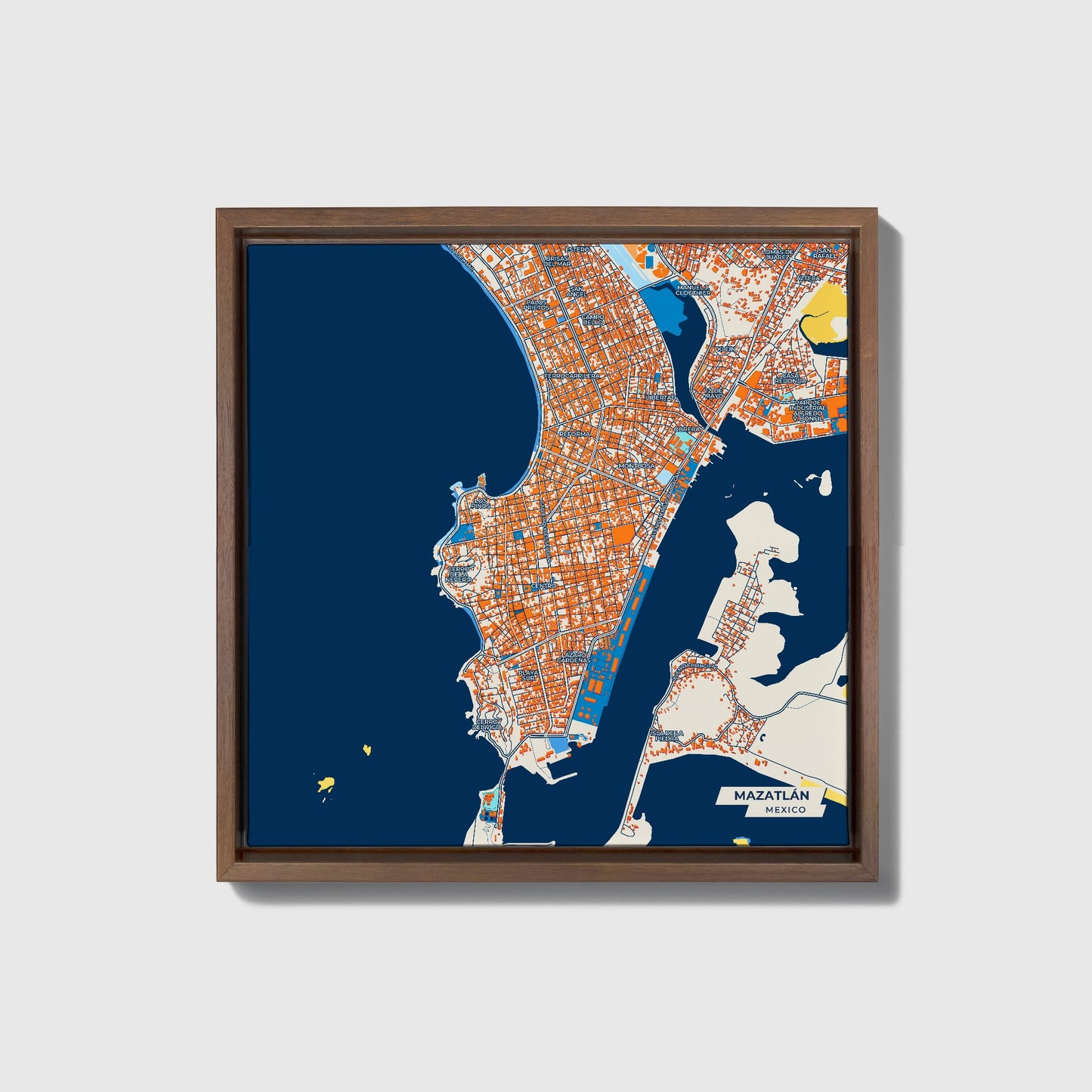Mazatlán Mexico Colorful City Map Canvas Print • Dark Wooden Framed