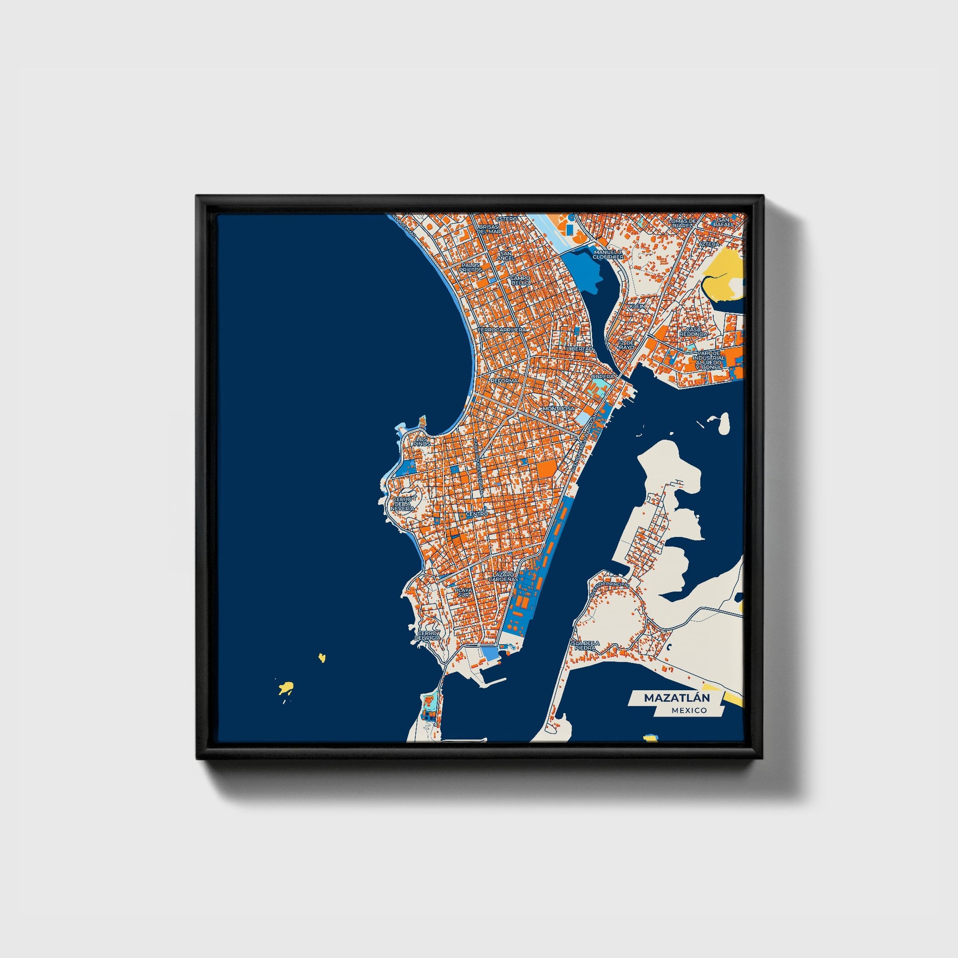 Mazatlán Mexico Colorful City Map Canvas Print • Black Framed