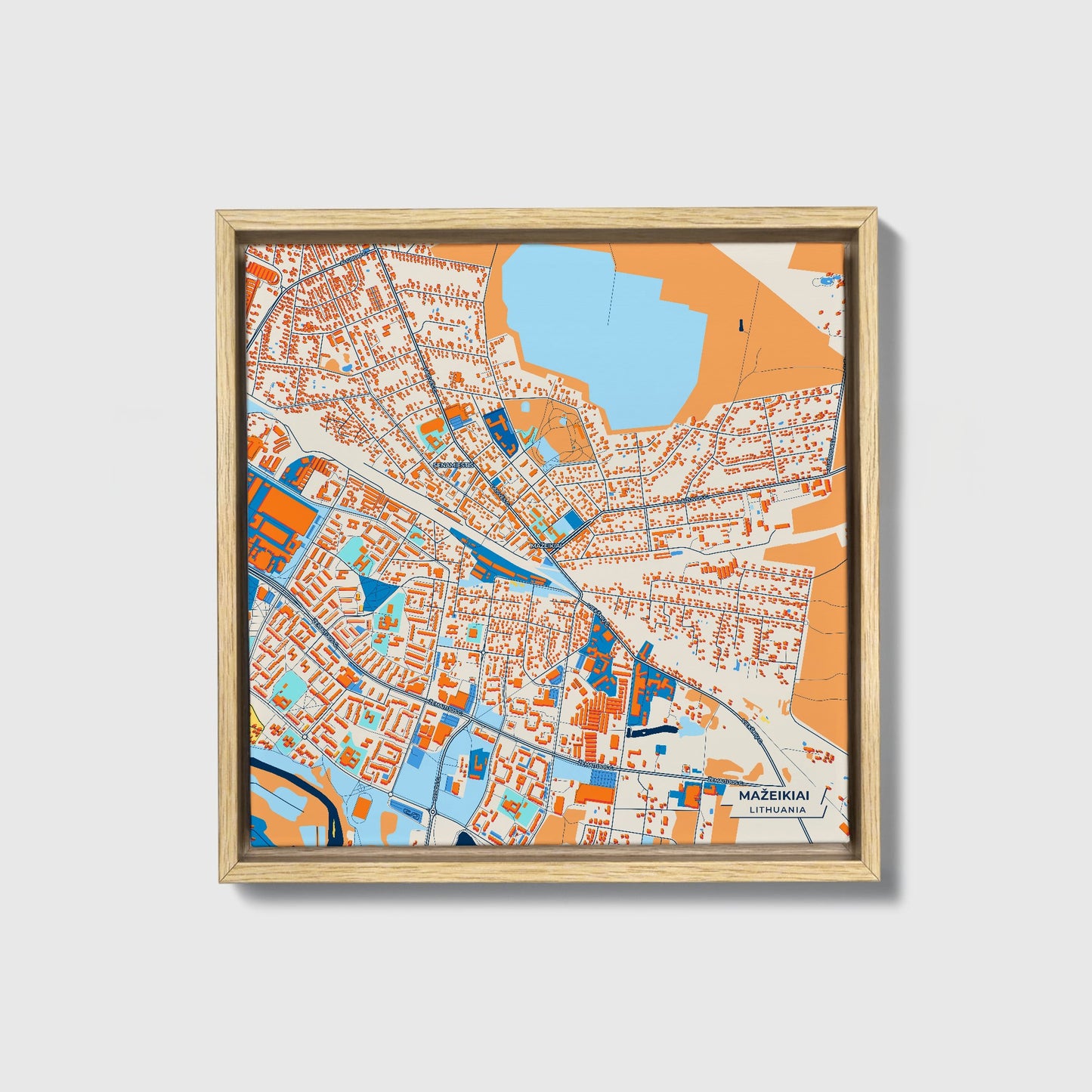 Mažeikiai Lithuania Colorful City Map Canvas Print • Natural Wooden Framed