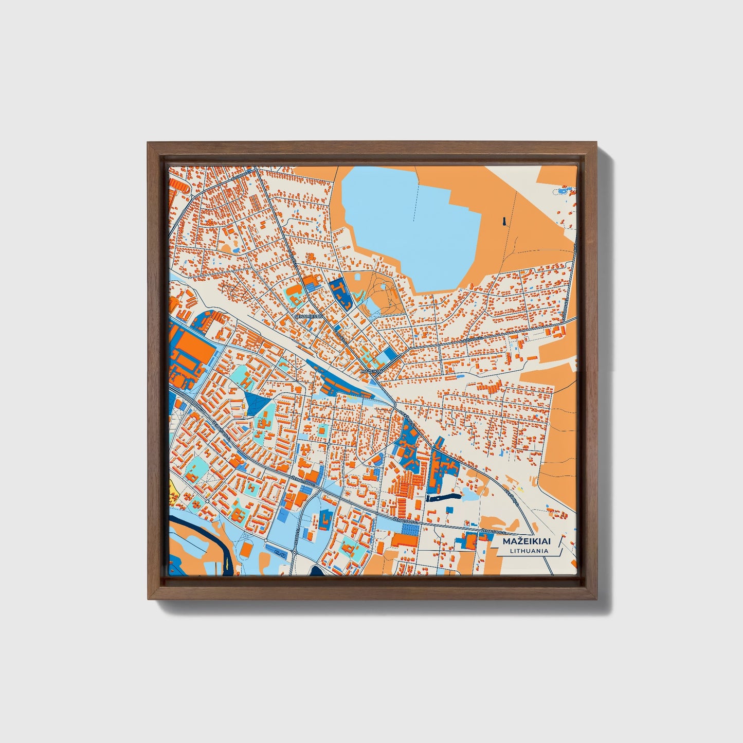 Mažeikiai Lithuania Colorful City Map Canvas Print • Dark Wooden Framed