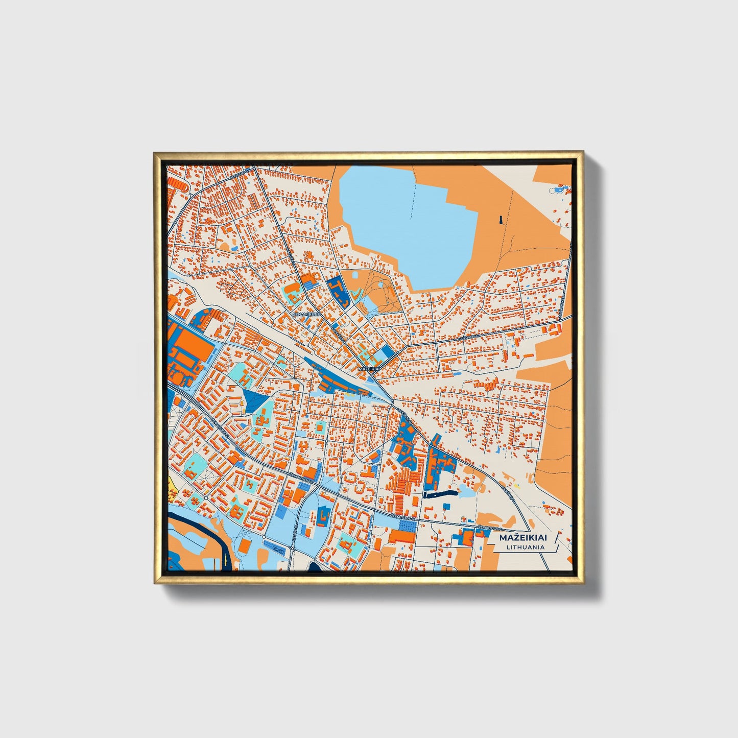 Mažeikiai Lithuania Colorful City Map Canvas Print • Gold Framed