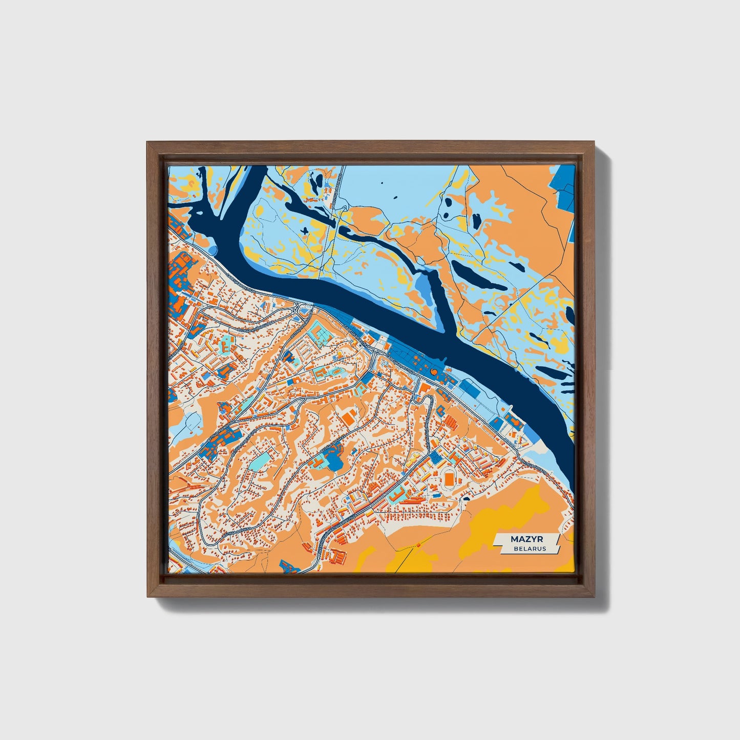 Мазыр Belarus Colorful City Map Canvas Print • Dark Wooden Framed