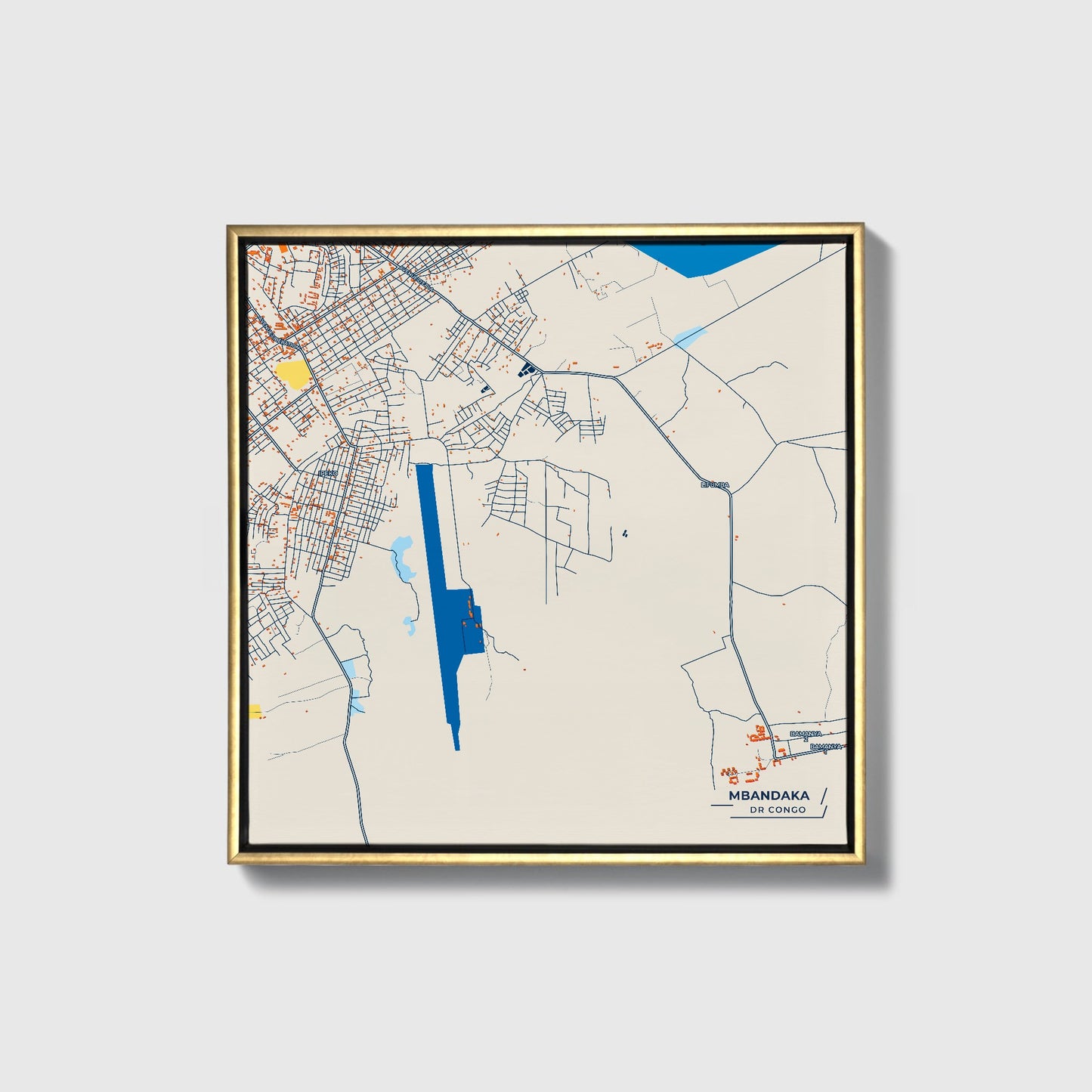Mbandaka Dr Congo Colorful City Map Canvas Print • Gold Framed