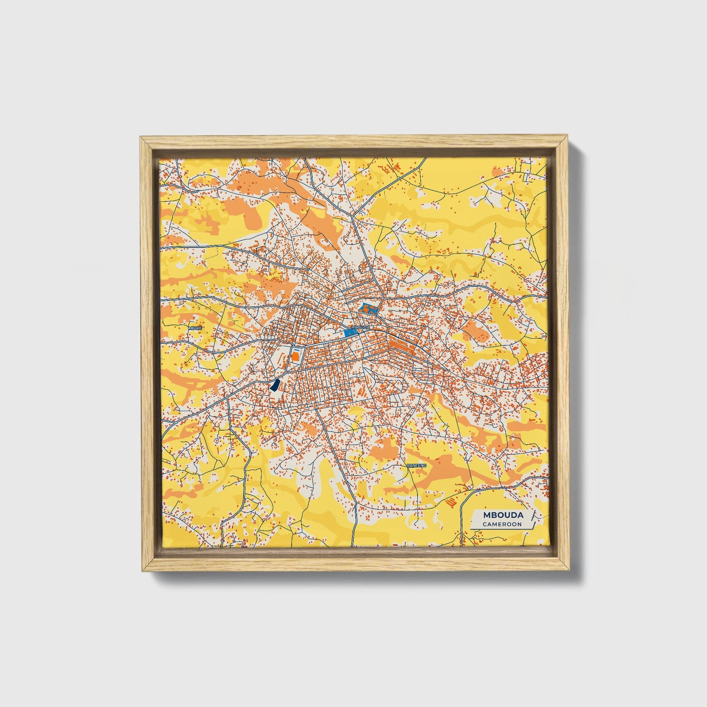 Mbouda Cameroon Colorful City Map Canvas Print • Natural Wooden Framed