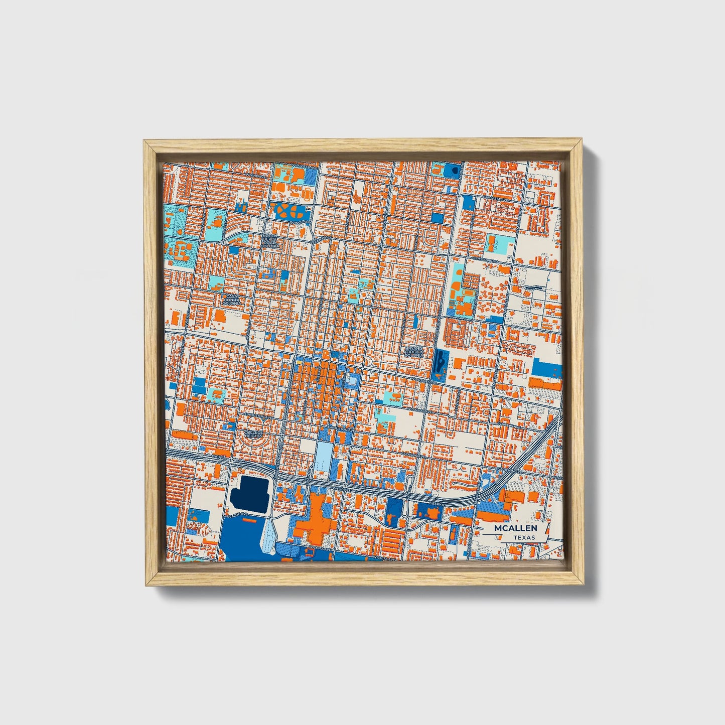Mcallen Texas Colorful City Map Canvas Print • Natural Wooden Framed