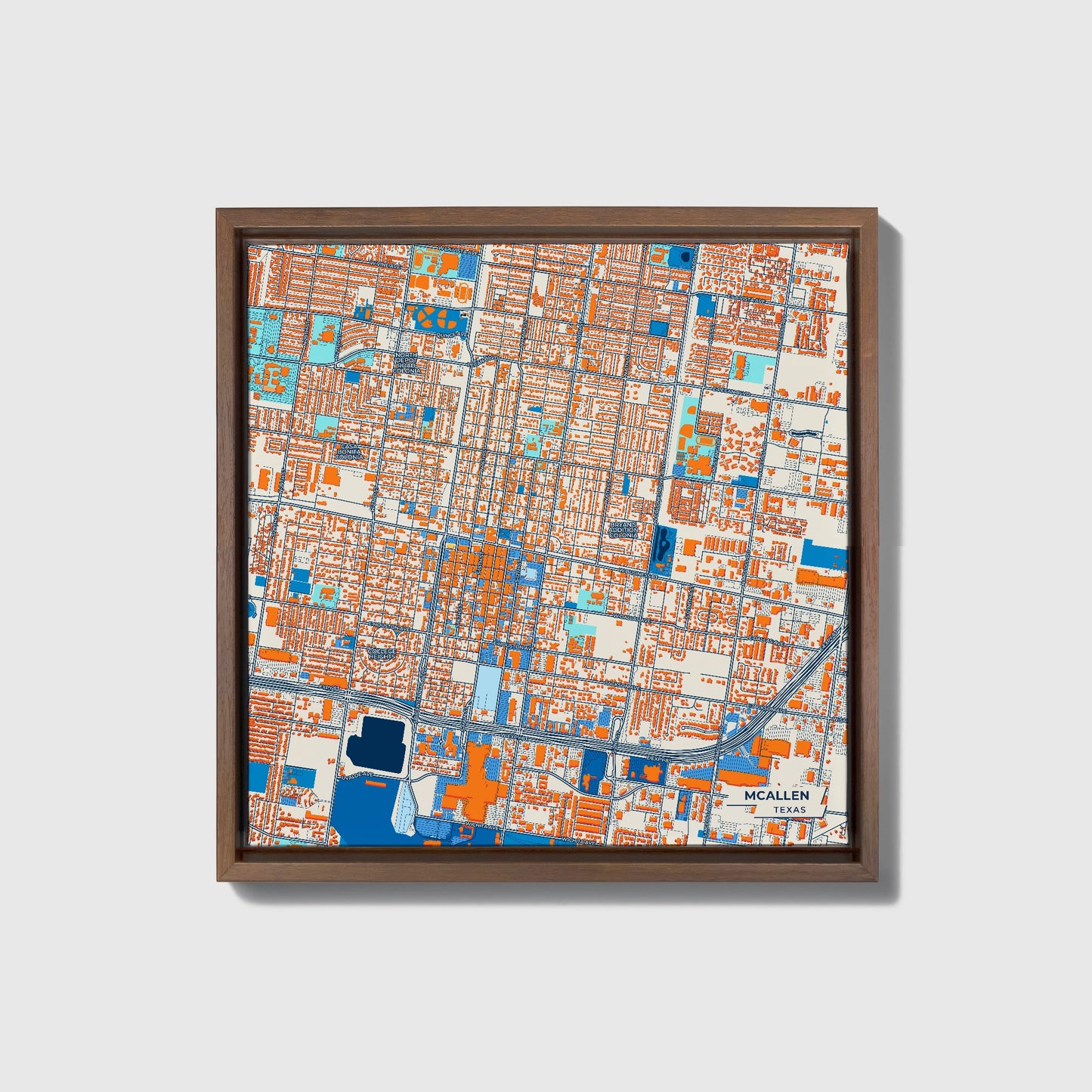 Mcallen Texas Colorful City Map Canvas Print • Dark Wooden Framed