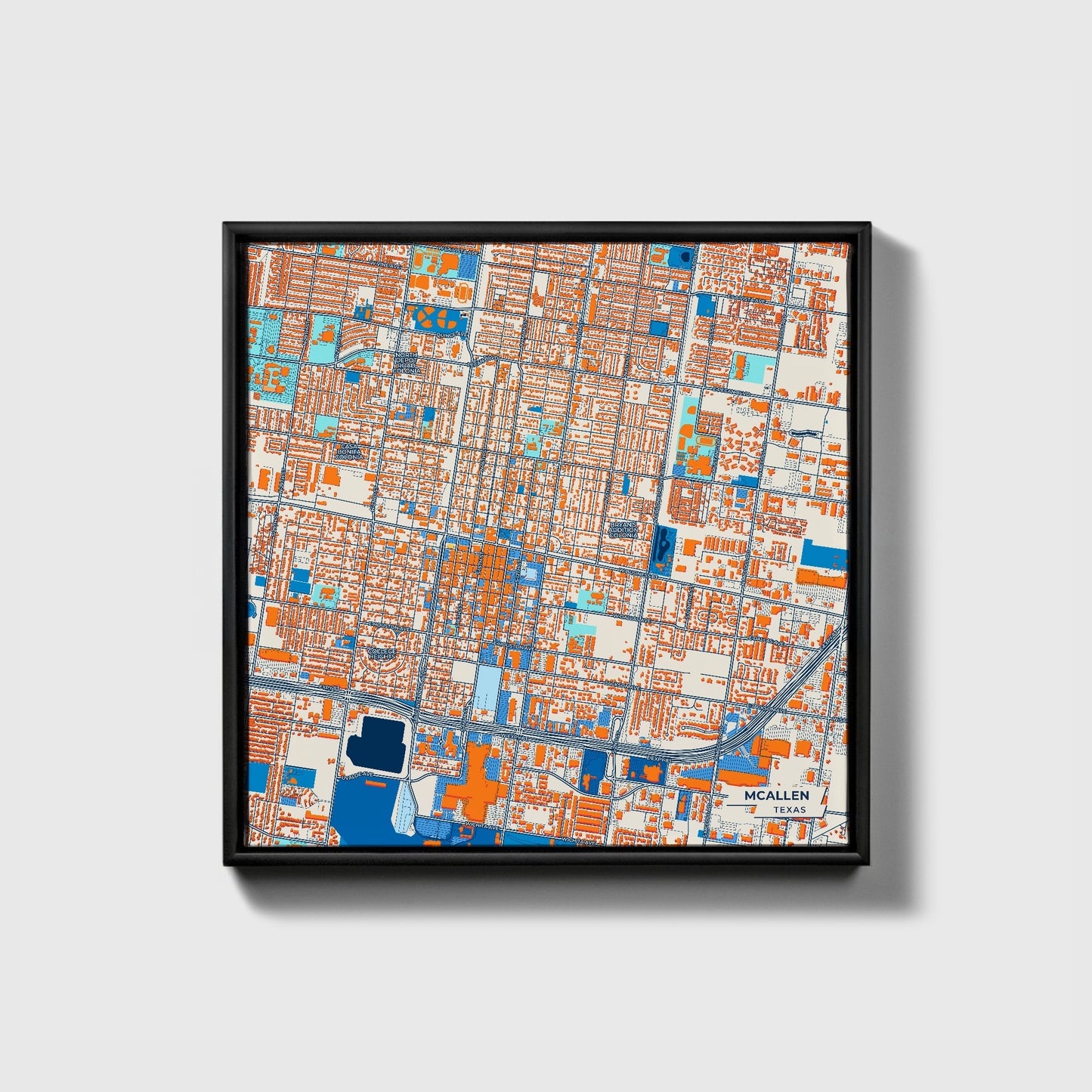Mcallen Texas Colorful City Map Canvas Print • Black Framed