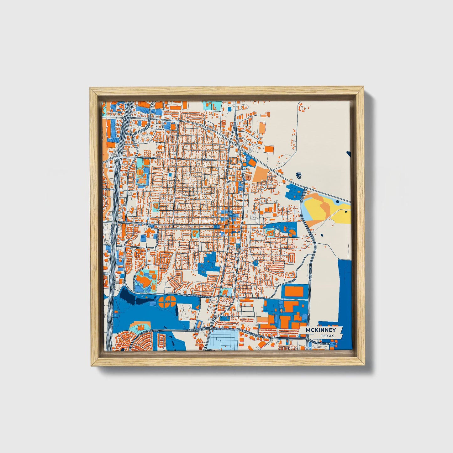 Mckinney Texas Colorful City Map Canvas Print • Natural Wooden Framed