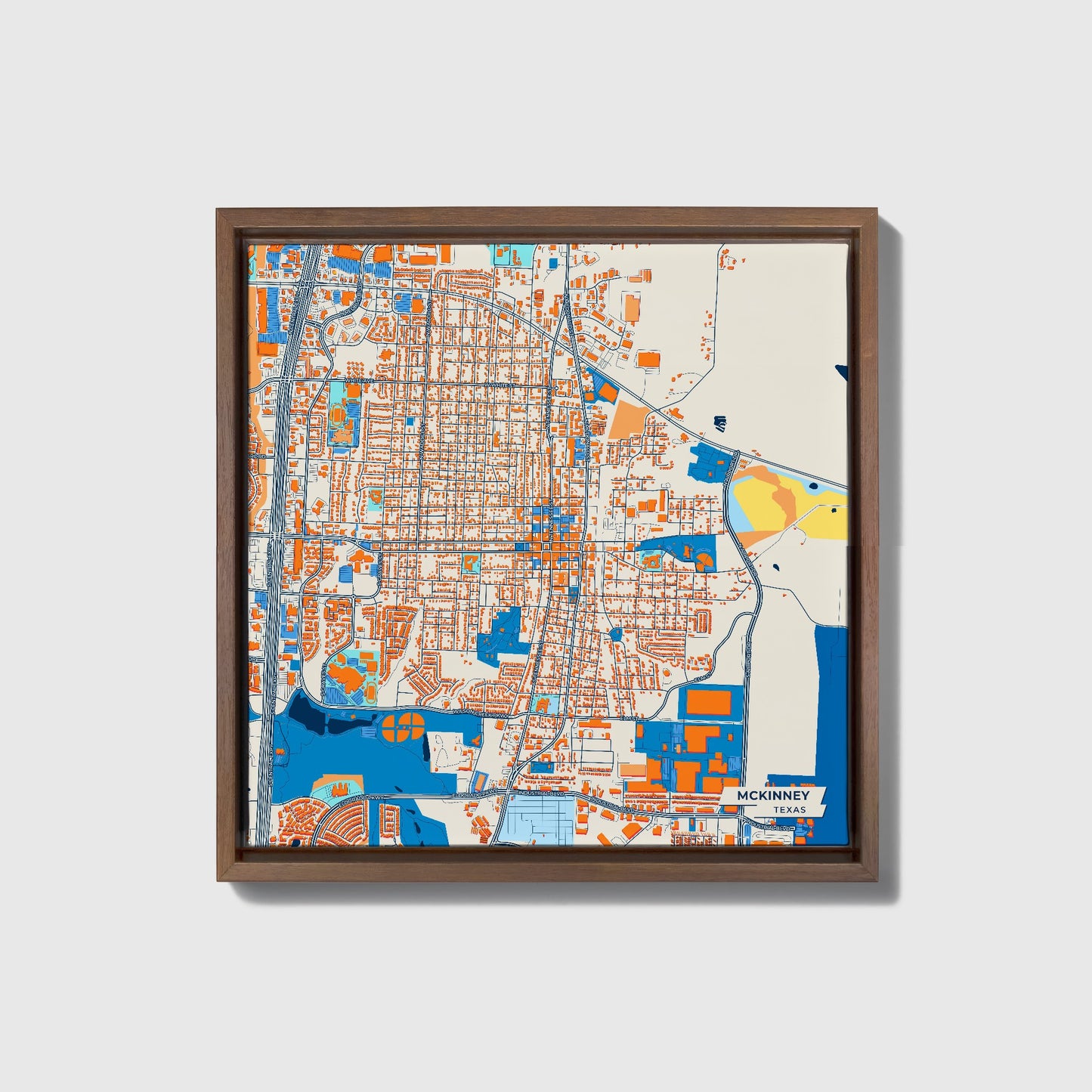 Mckinney Texas Colorful City Map Canvas Print • Dark Wooden Framed