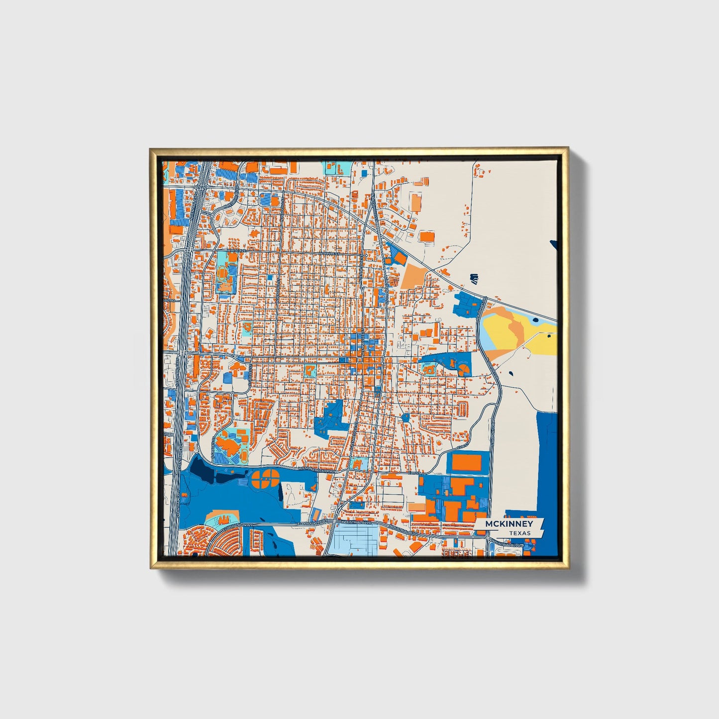 Mckinney Texas Colorful City Map Canvas Print • Gold Framed