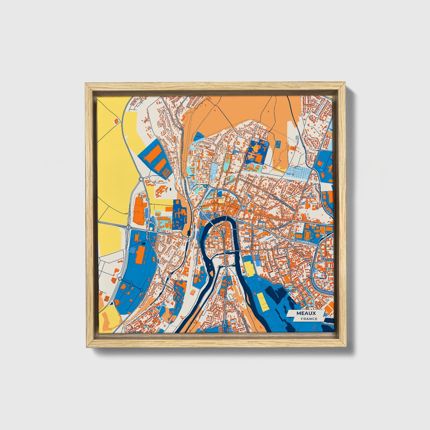 Meaux France Colorful City Map Canvas Print • Natural Wooden Framed