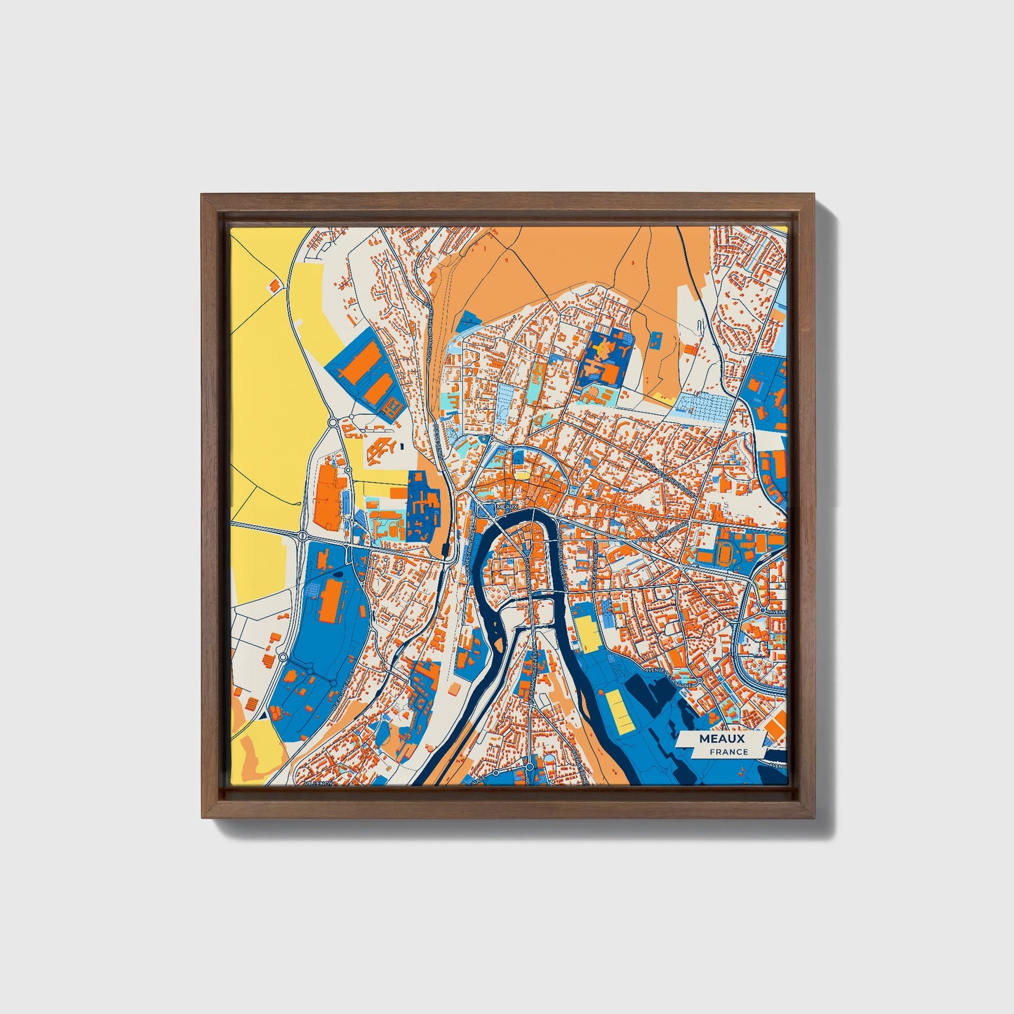 Meaux France Colorful City Map Canvas Print • Dark Wooden Framed