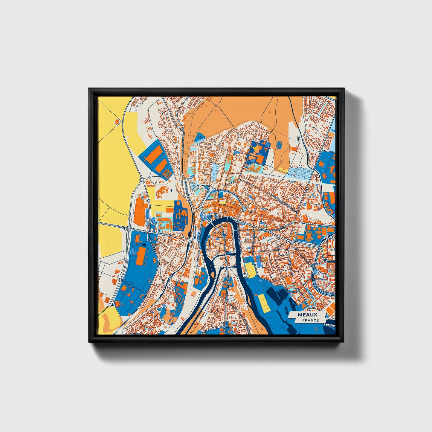 Meaux France Colorful City Map Canvas Print • Black Framed