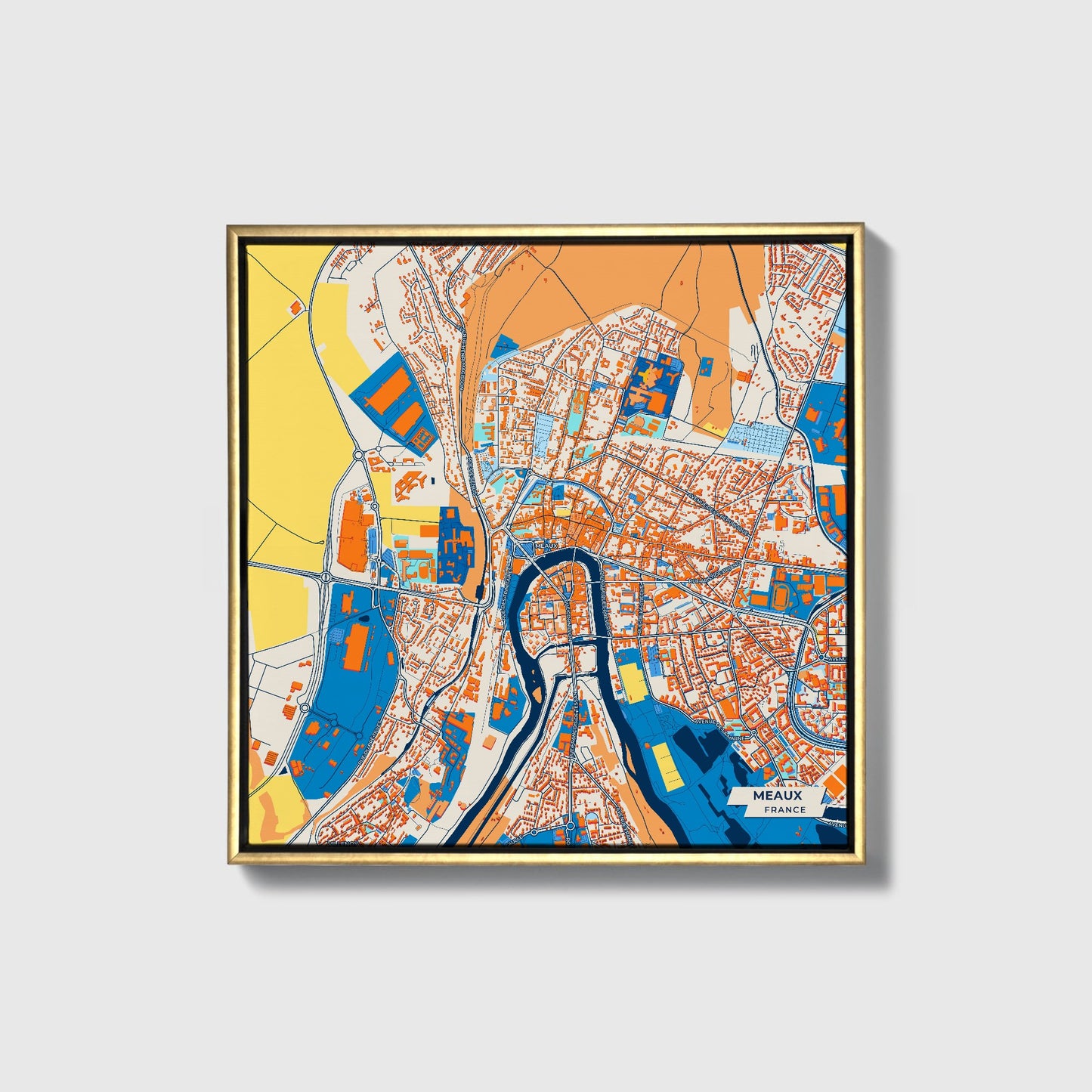 Meaux France Colorful City Map Canvas Print • Gold Framed