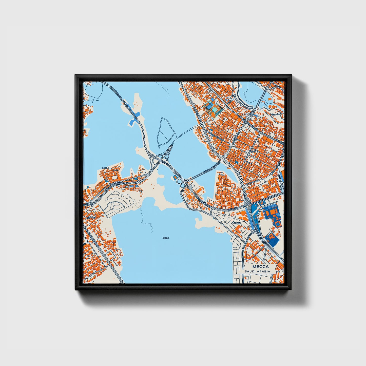 Mecca Saudi Arabia Colorful City Map Canvas Print • Black Framed