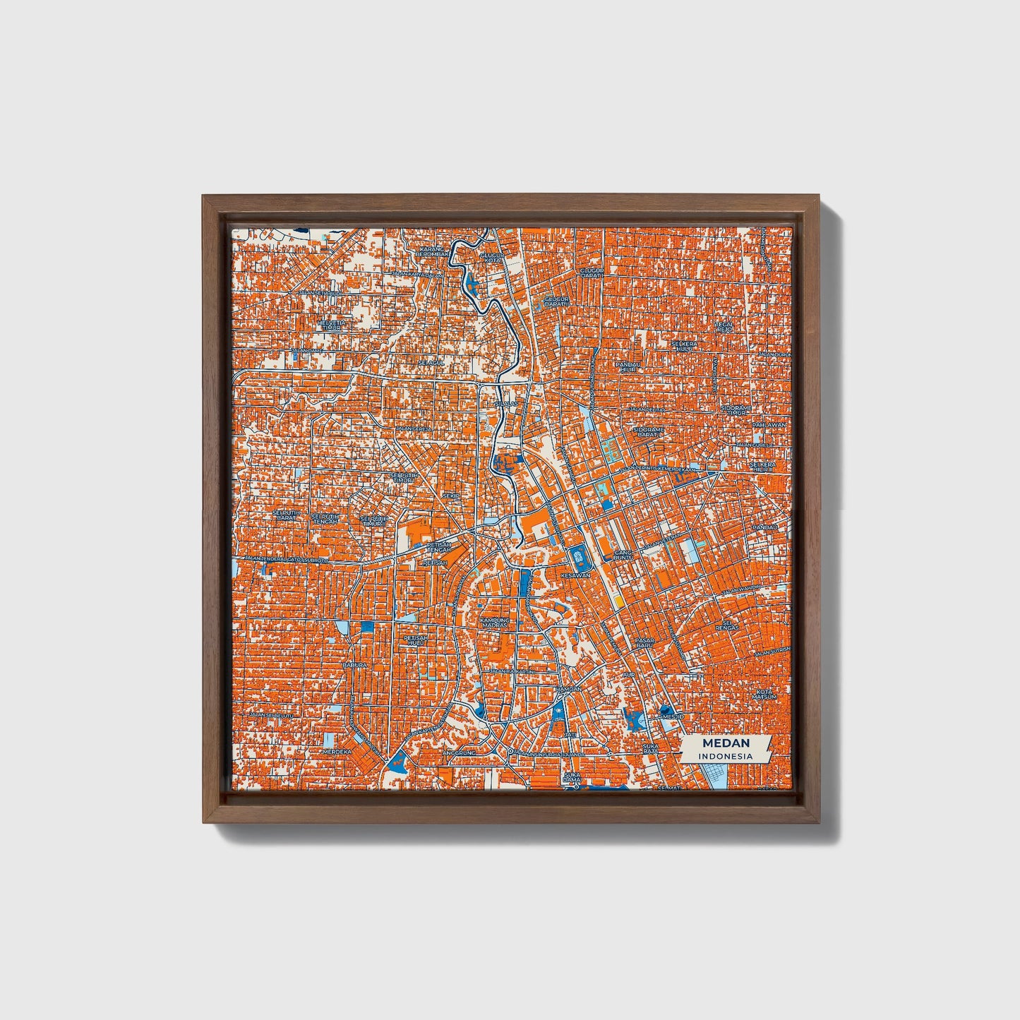 Medan Indonesia Colorful City Map Canvas Print • Dark Wooden Framed