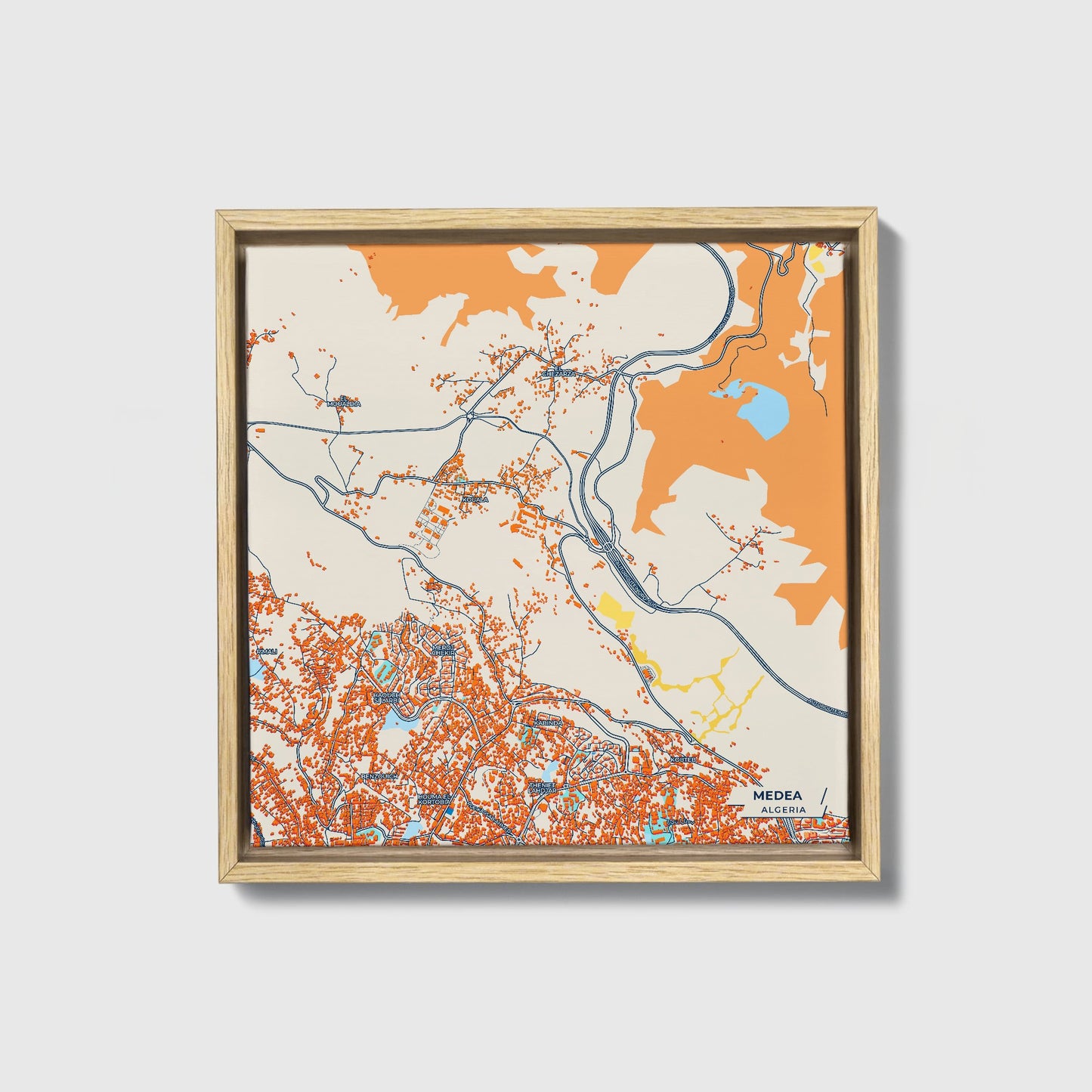 Medea Algeria Colorful City Map Canvas Print • Natural Wooden Framed