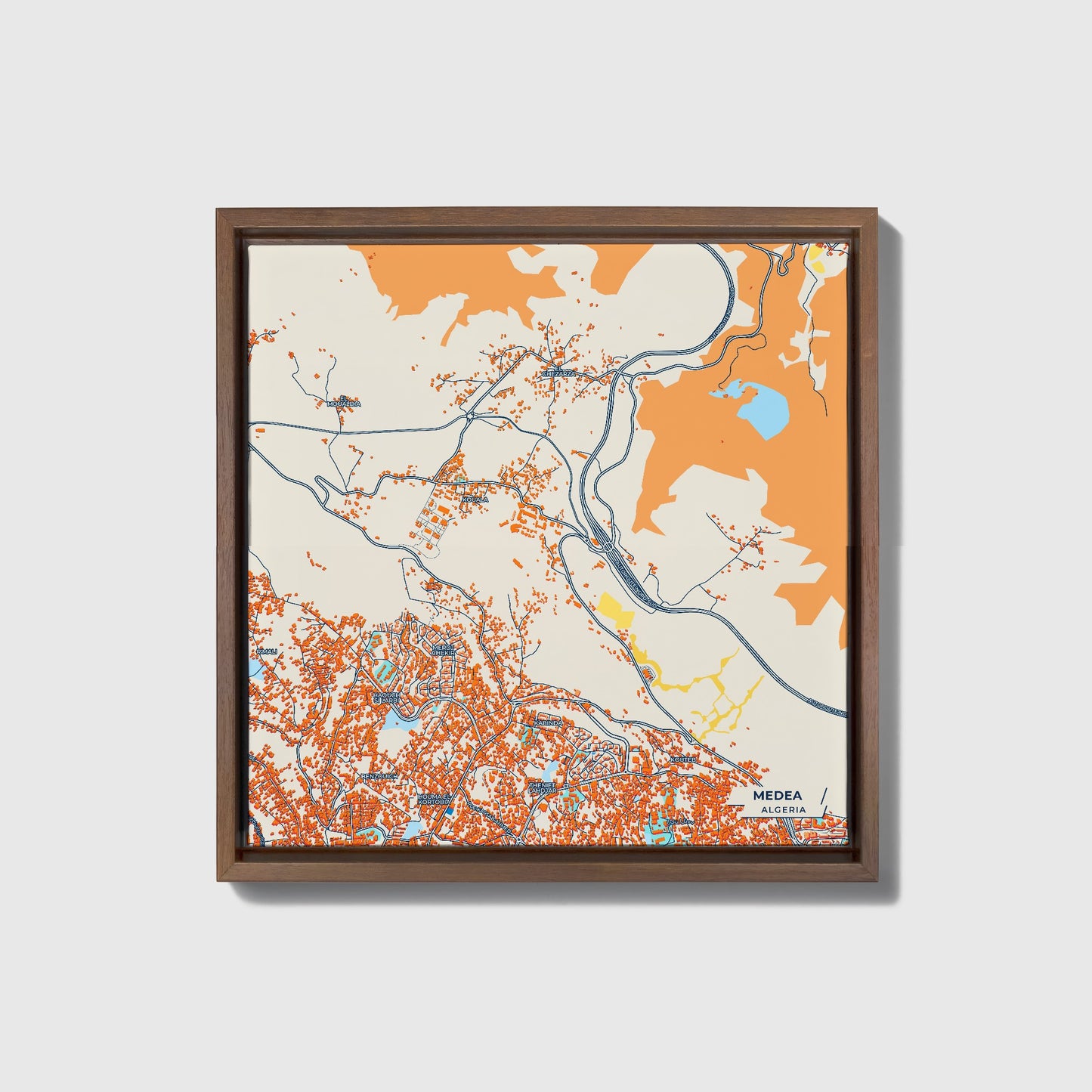 Medea Algeria Colorful City Map Canvas Print • Dark Wooden Framed