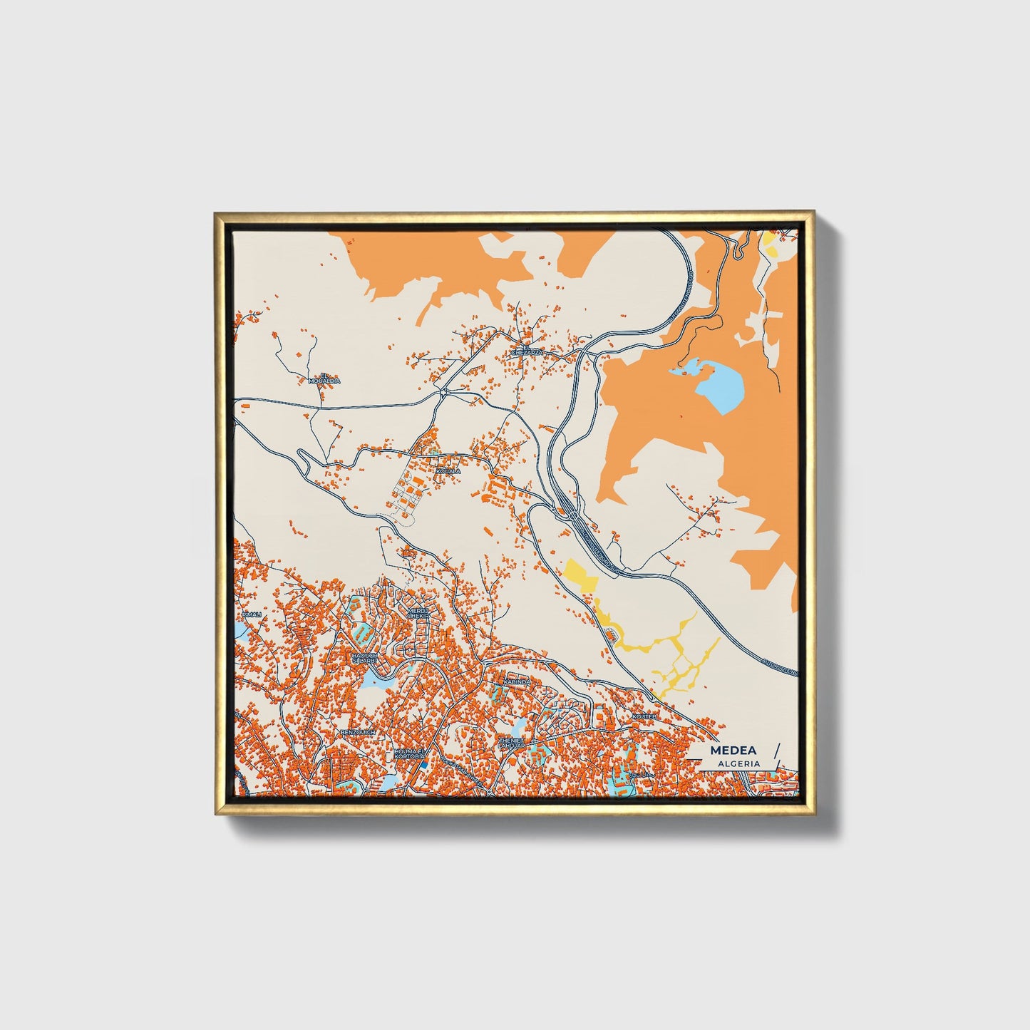 Medea Algeria Colorful City Map Canvas Print • Gold Framed
