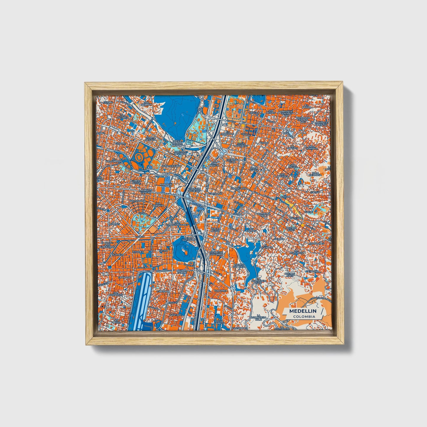 Medellin Colombia Colorful City Map Canvas Print • Natural Wooden Framed