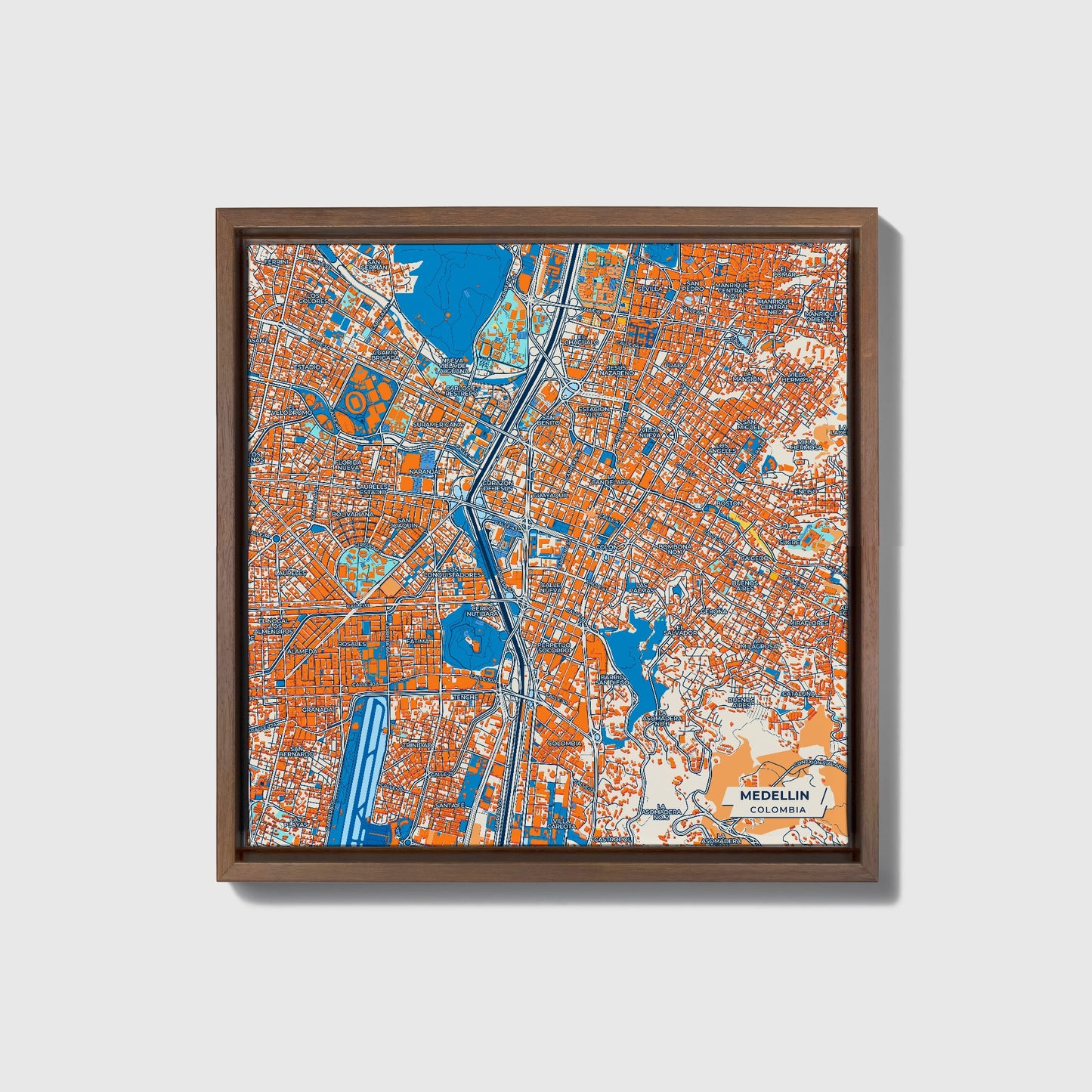 Medellin Colombia Colorful City Map Canvas Print • Dark Wooden Framed