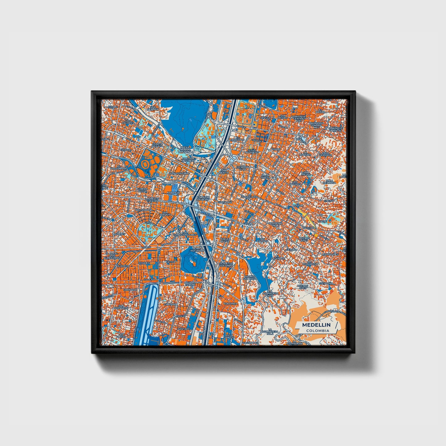Medellin Colombia Colorful City Map Canvas Print • Black Framed