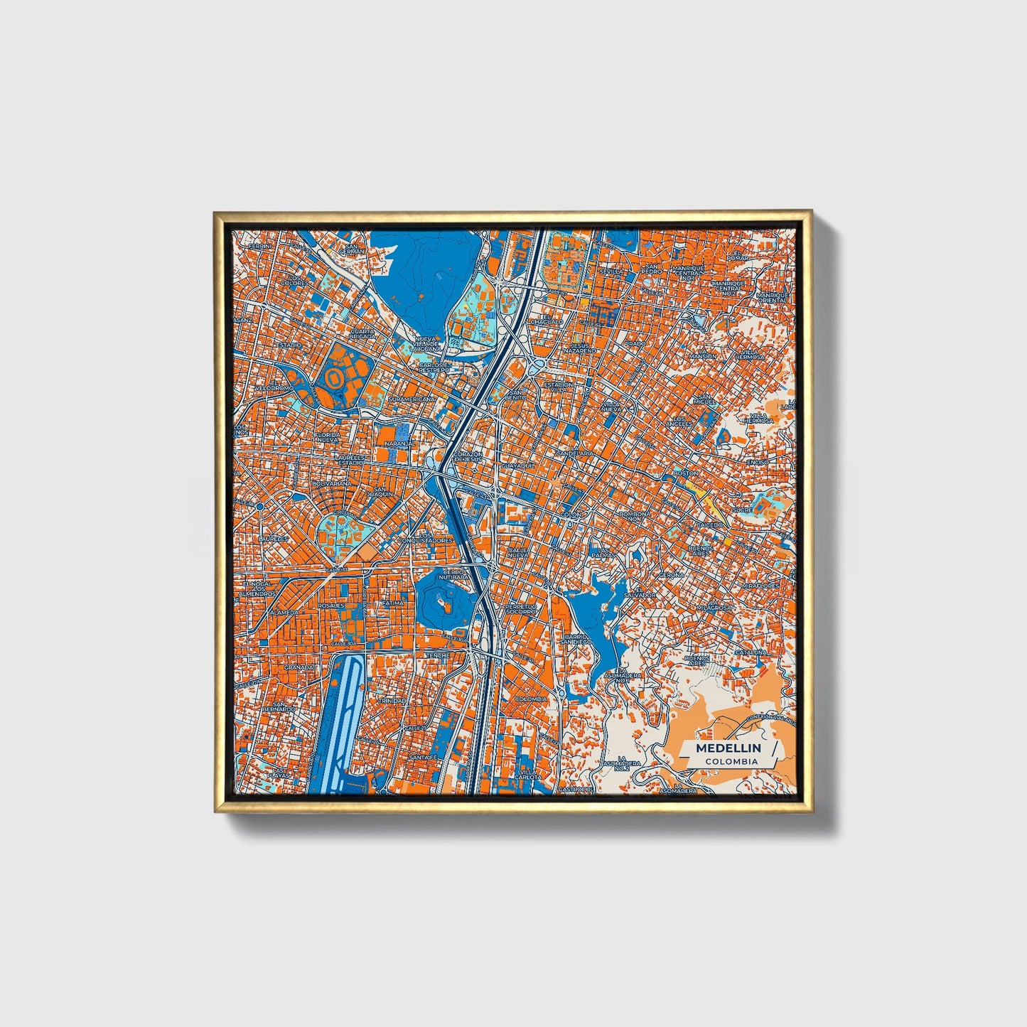 Medellin Colombia Colorful City Map Canvas Print • Gold Framed